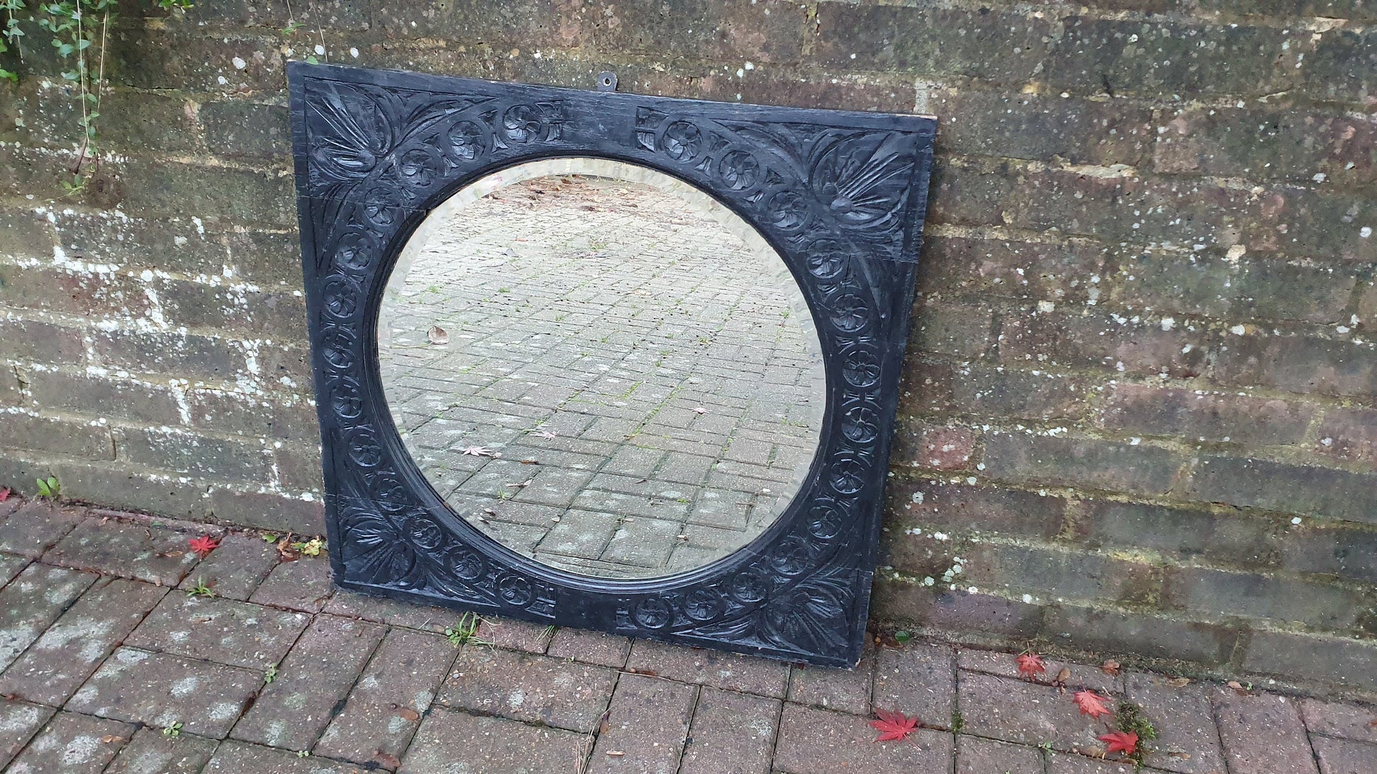 Large Vintage Very Early Oak Carved Mirror Painted Black