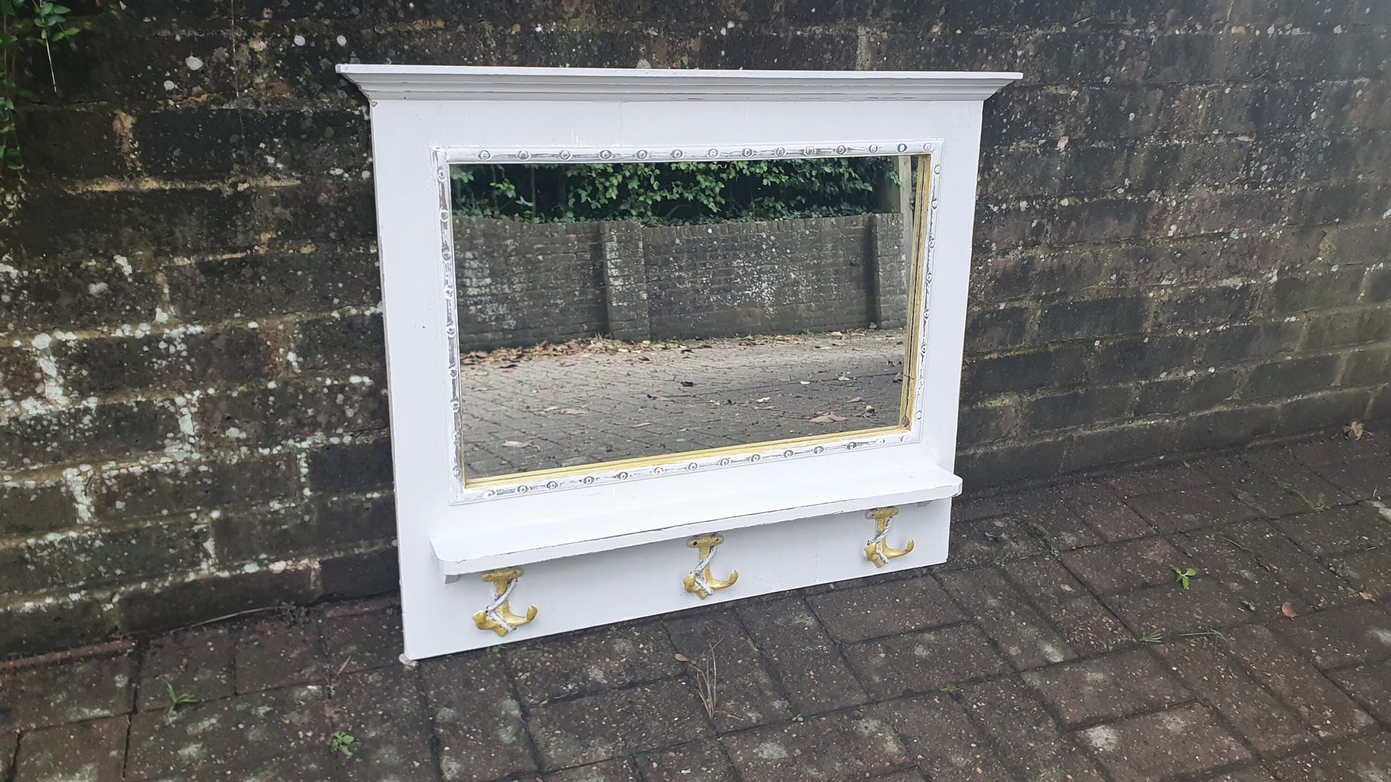 Vintage Mirror with Anchor Hooks in Farrow and Ball in ‘Ammonite’ Light Grey with Gold Highlights Hand Painted Bespoke Unique