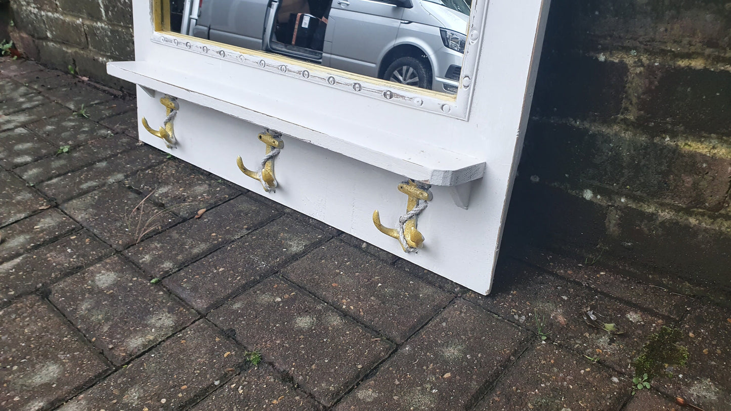 Vintage Mirror with Anchor Hooks in Farrow and Ball in ‘Ammonite’ Light Grey with Gold Highlights Hand Painted Bespoke Unique