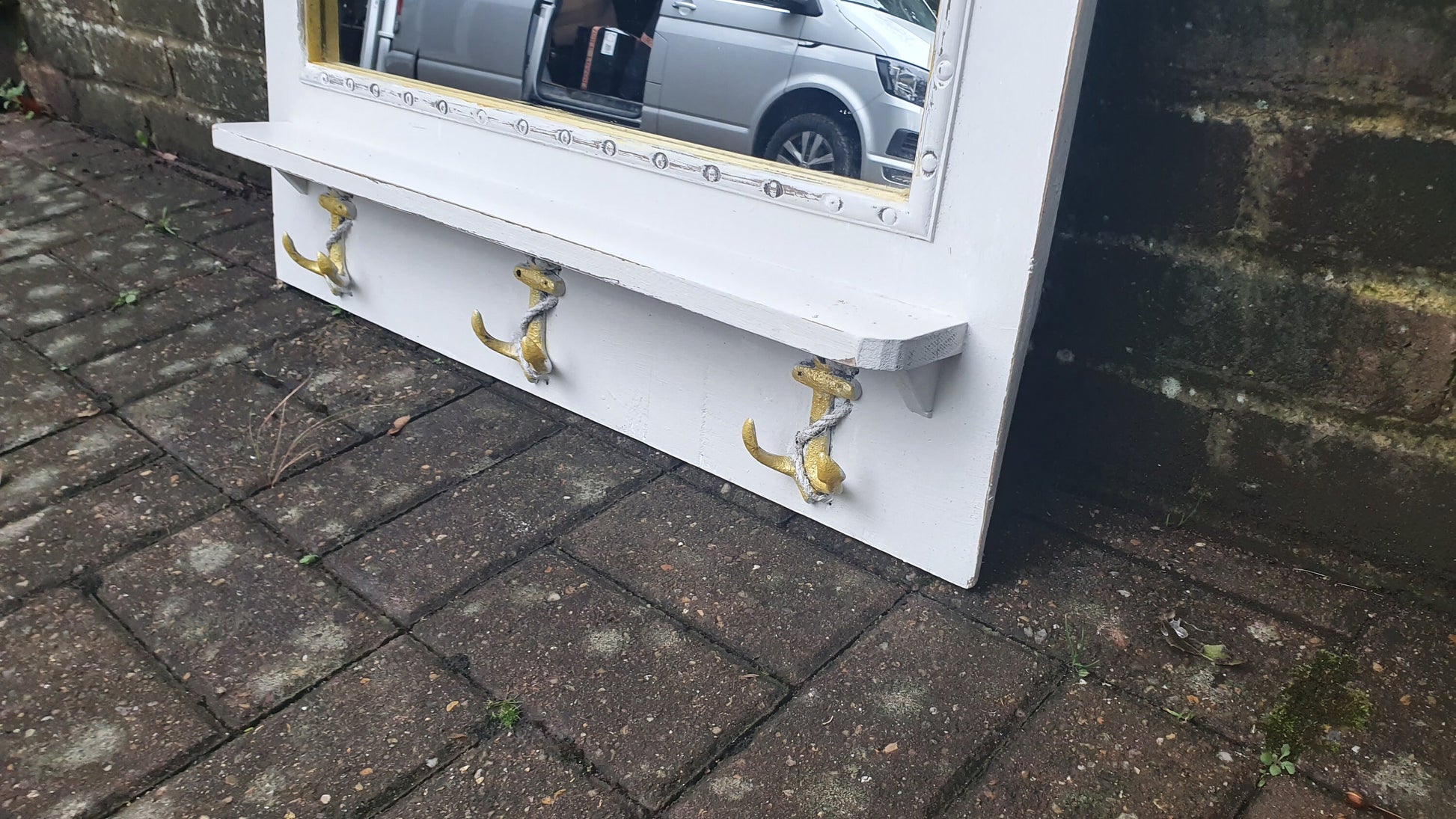 Vintage Mirror with Anchor Hooks in Farrow and Ball in ‘Ammonite’ Light Grey with Gold Highlights Hand Painted Bespoke Unique