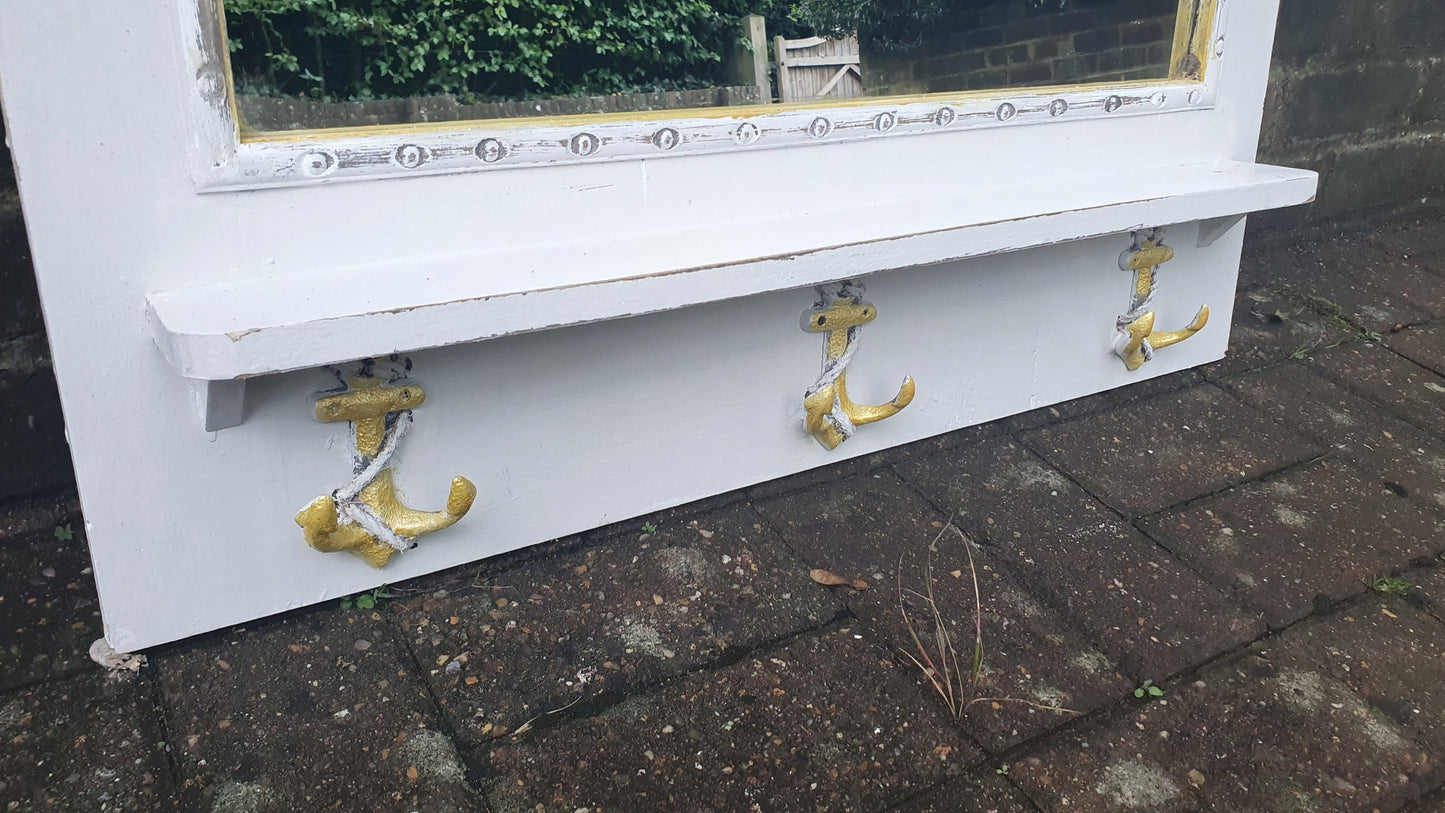 Vintage Mirror with Anchor Hooks in Farrow and Ball in ‘Ammonite’ Light Grey with Gold Highlights Hand Painted Bespoke Unique