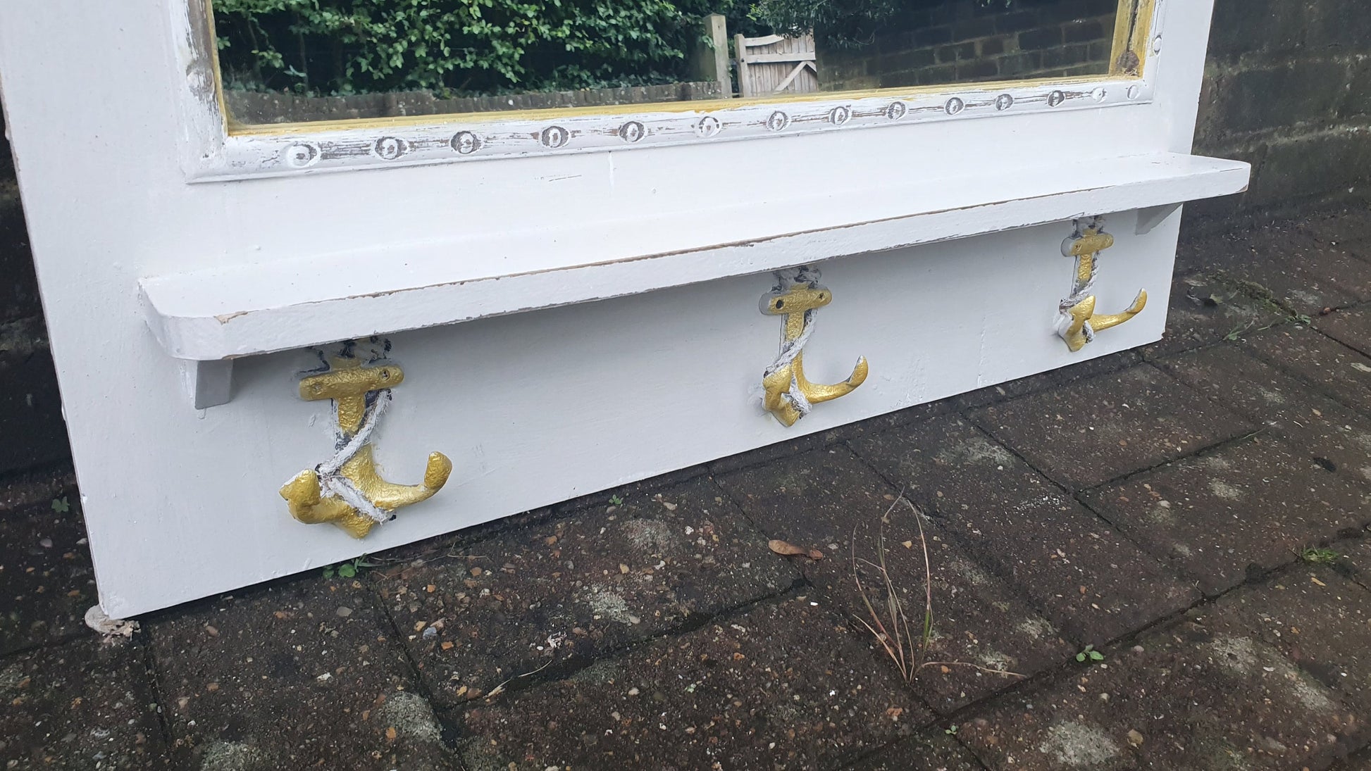 Vintage Mirror with Anchor Hooks in Farrow and Ball in ‘Ammonite’ Light Grey with Gold Highlights Hand Painted Bespoke Unique