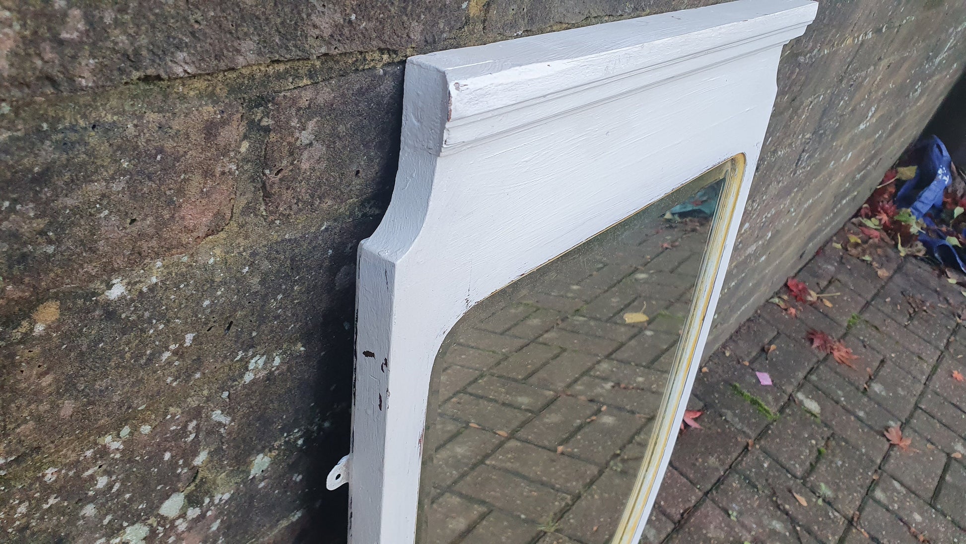Vintage Painted Mahogany Shield Shape Mirror in Farrow and Ball Winborne White Gold Highlights.