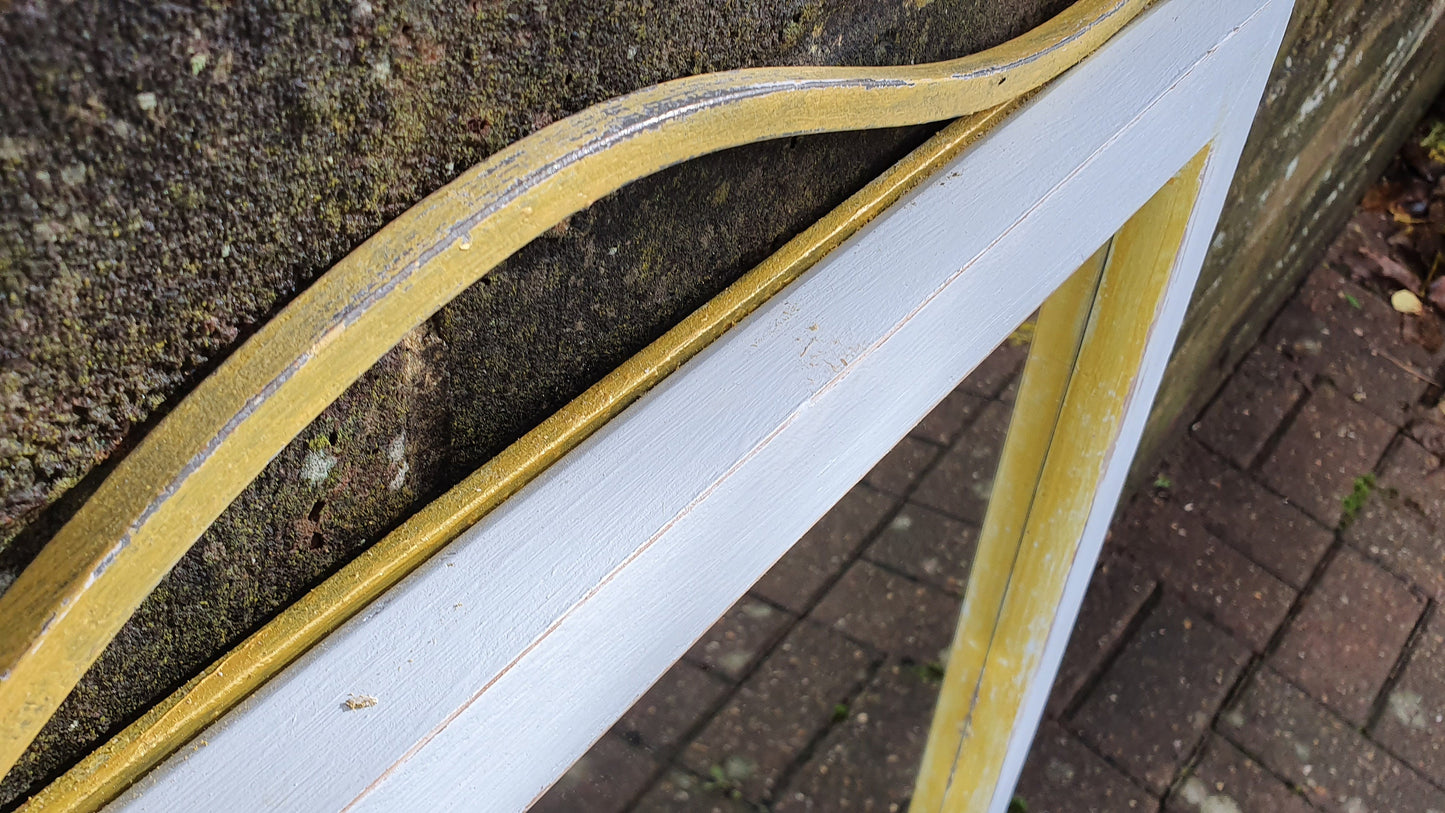 Huge Vintage Painted Metal and Gold Wall Over Mantel Mirror in Farrow and Ball Duck Egg Blue gold Highlights.