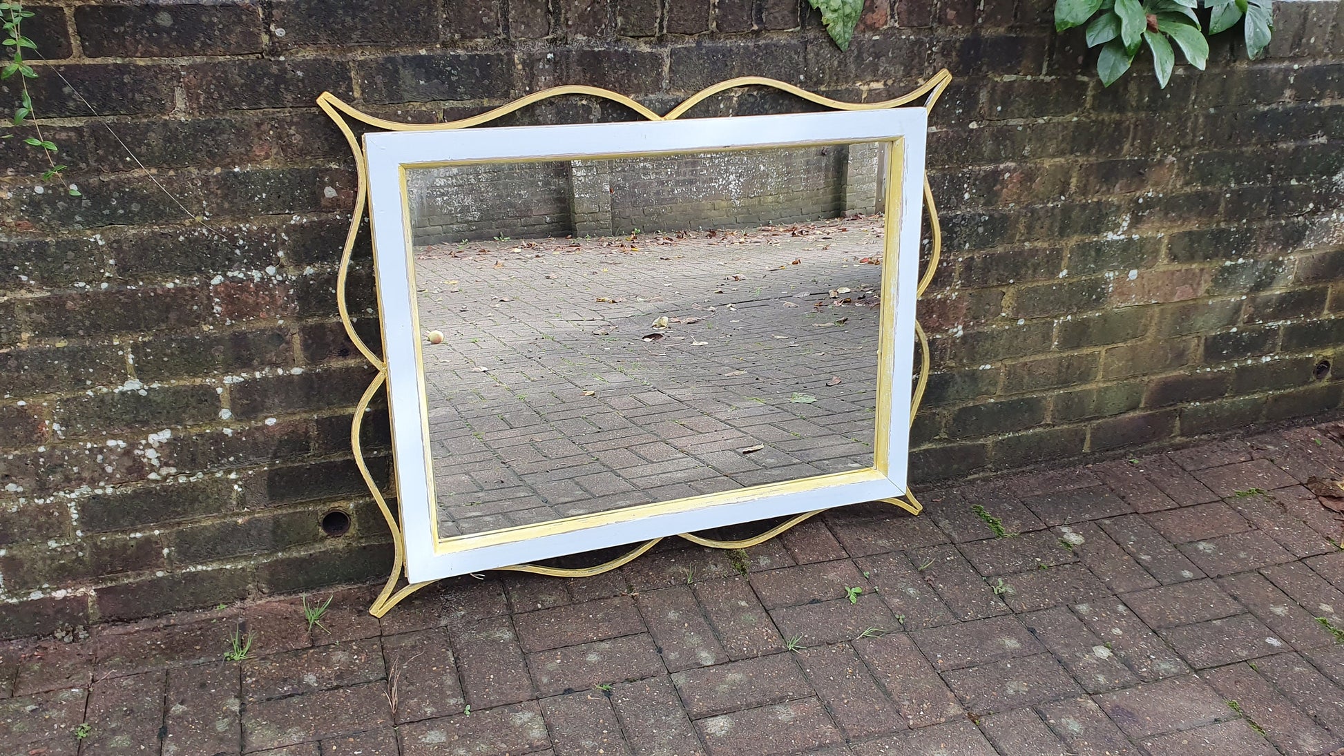 Huge Vintage Painted Metal and Gold Wall Over Mantel Mirror in Farrow and Ball Duck Egg Blue gold Highlights.