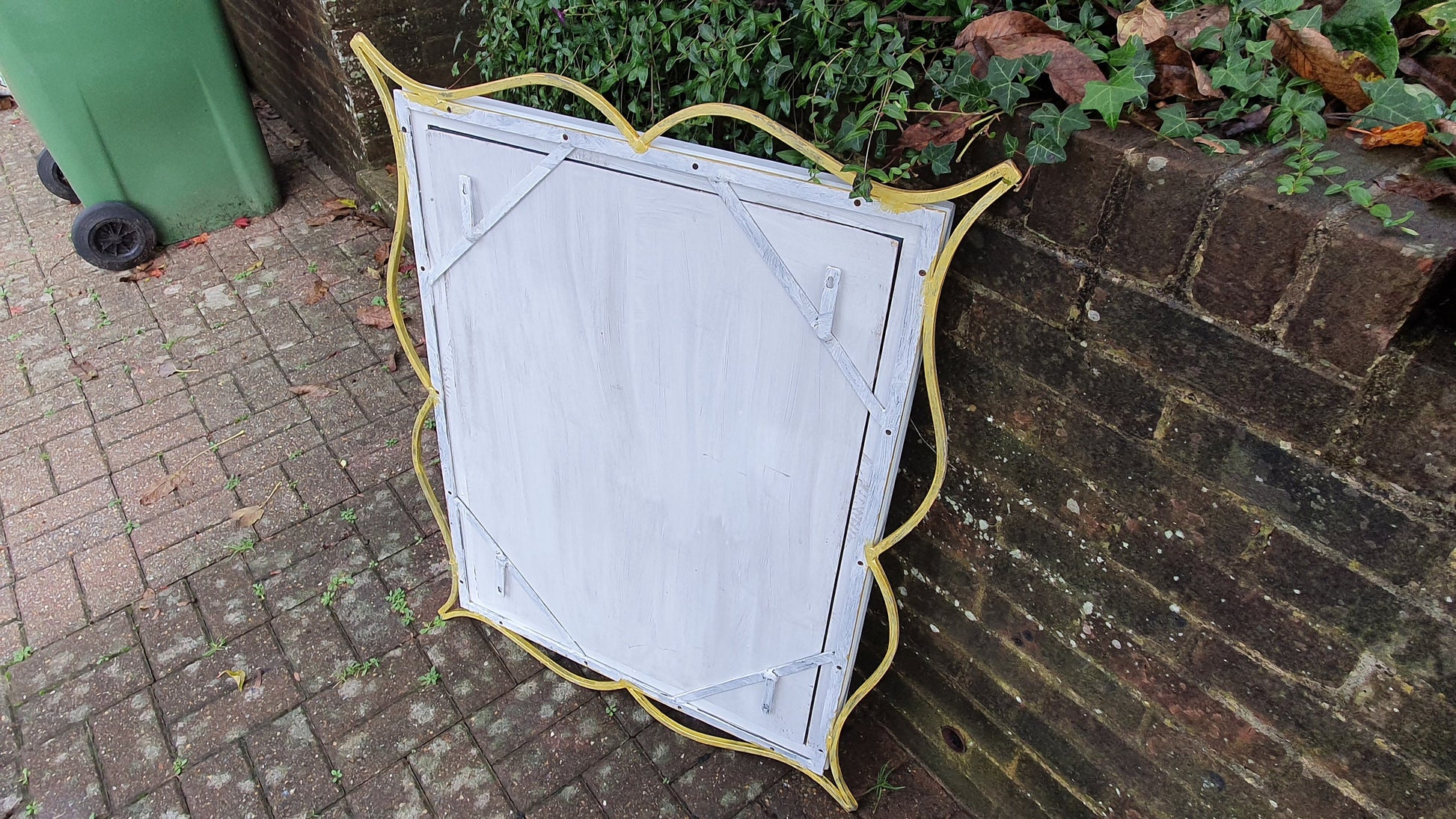 Huge Vintage Painted Metal and Gold Wall Over Mantel Mirror in Farrow and Ball Duck Egg Blue gold Highlights.