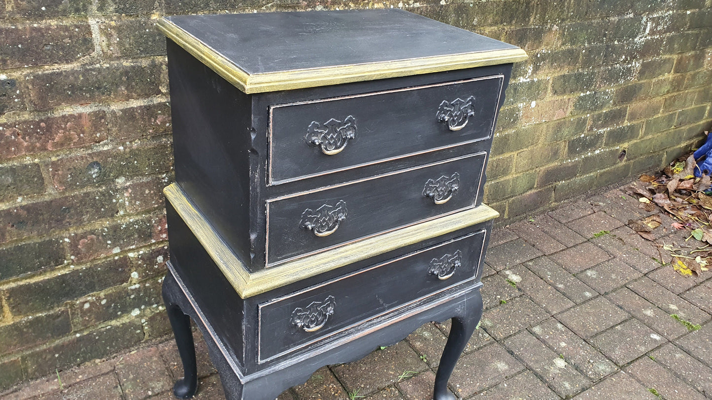Vintage Occasional Bedside Chest of Drawers in Farrow and Ball ‘Pitch Black’ Cabriole Legs