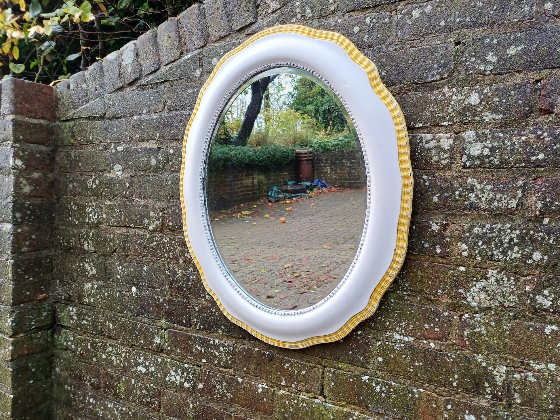 Vintage Painted Bespoke Wall Mirror in Farrow and Ball Wimborne White Gold Highlights.