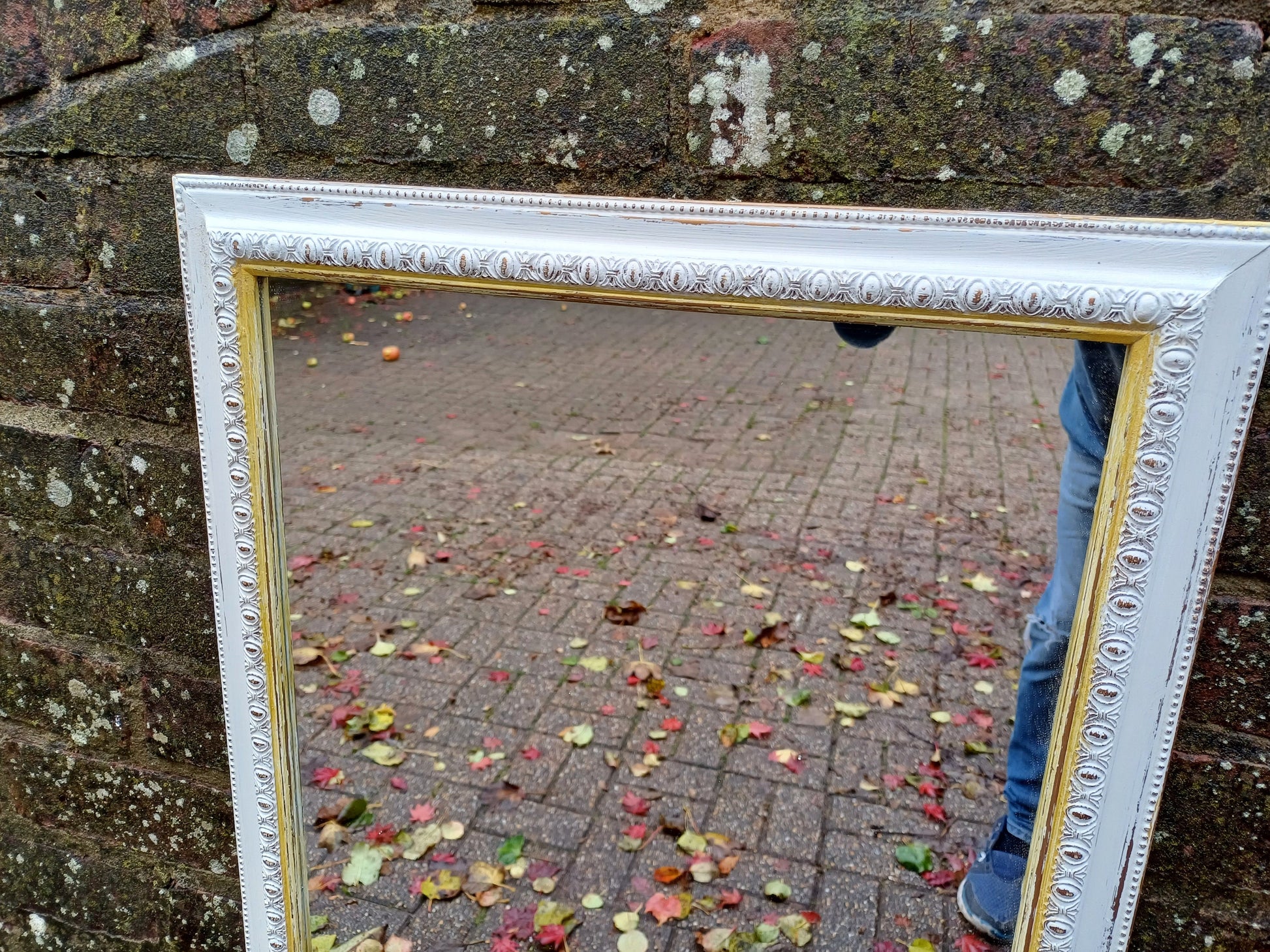 Vintage Painted Bespoke Wall Mirror in Farrow and Ball White Tie Gold Highlights