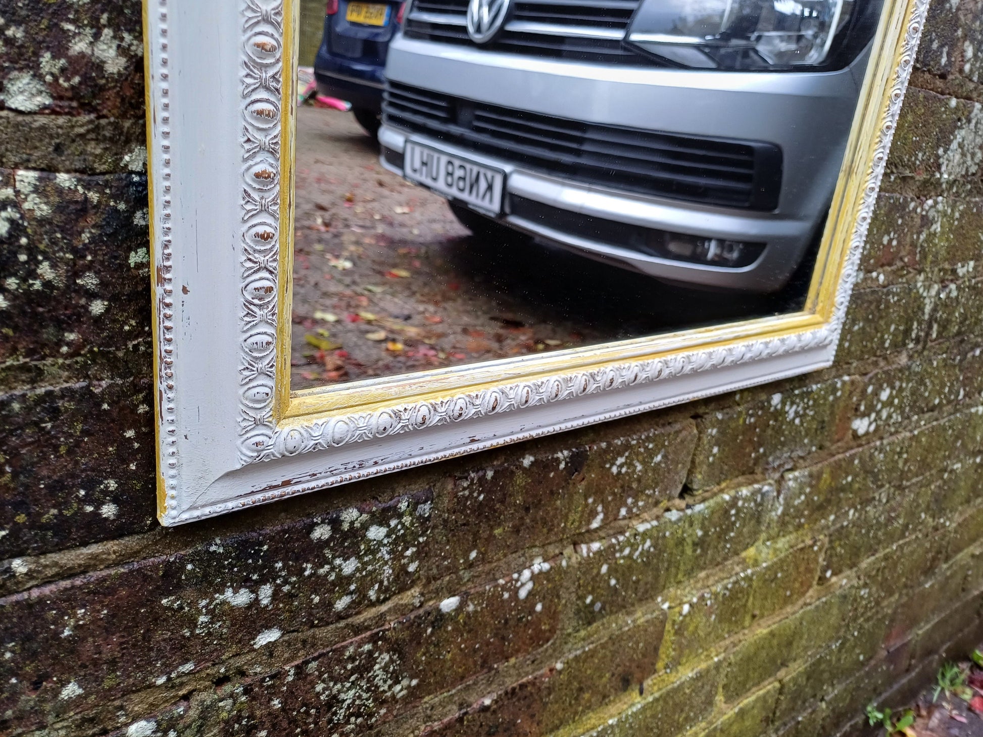Vintage Painted Bespoke Wall Mirror in Farrow and Ball White Tie Gold Highlights