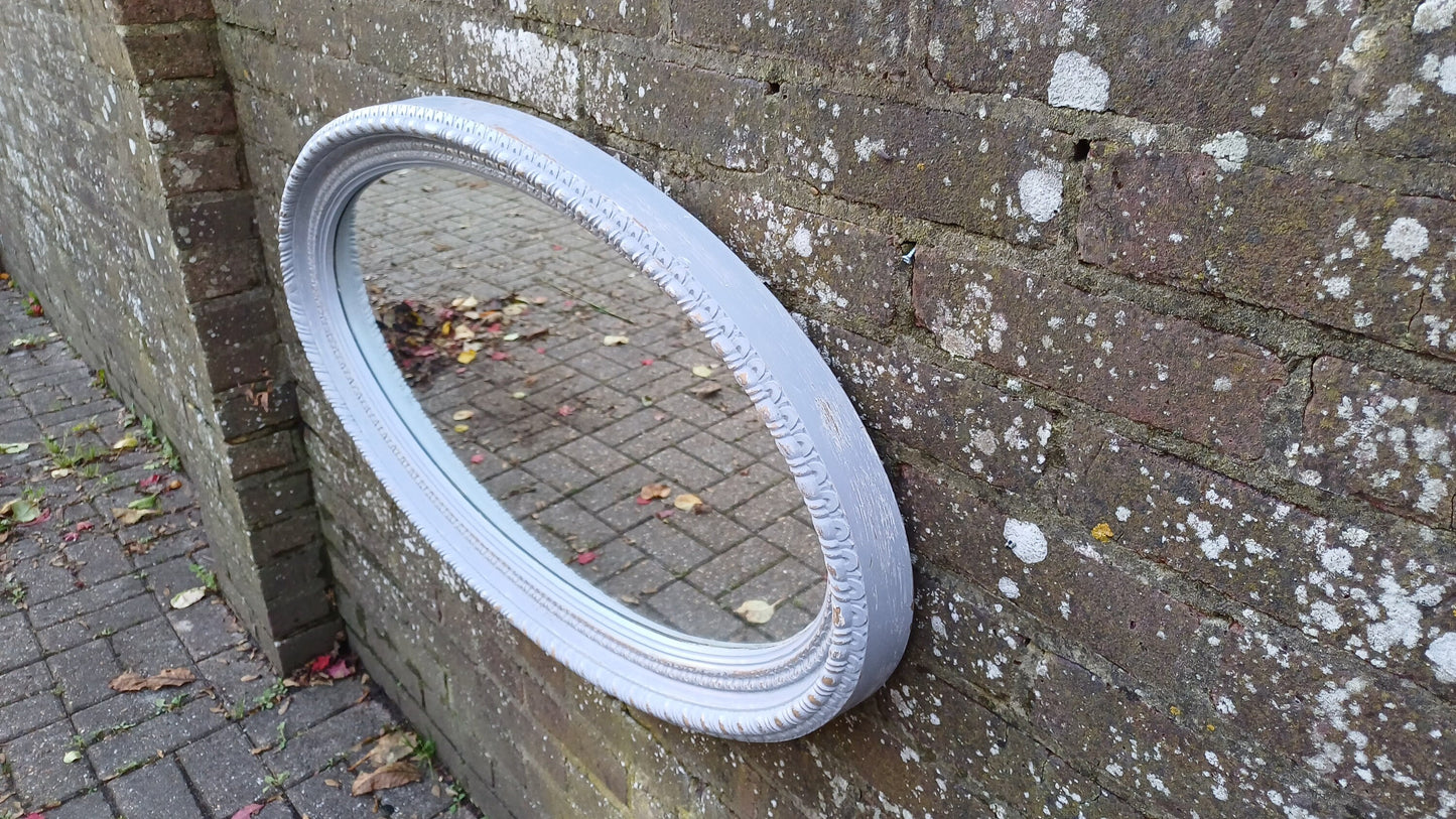 Huge Imposing Painted Oval Grey Decorative Mirror Gold Highlights 98 x 55 cm
