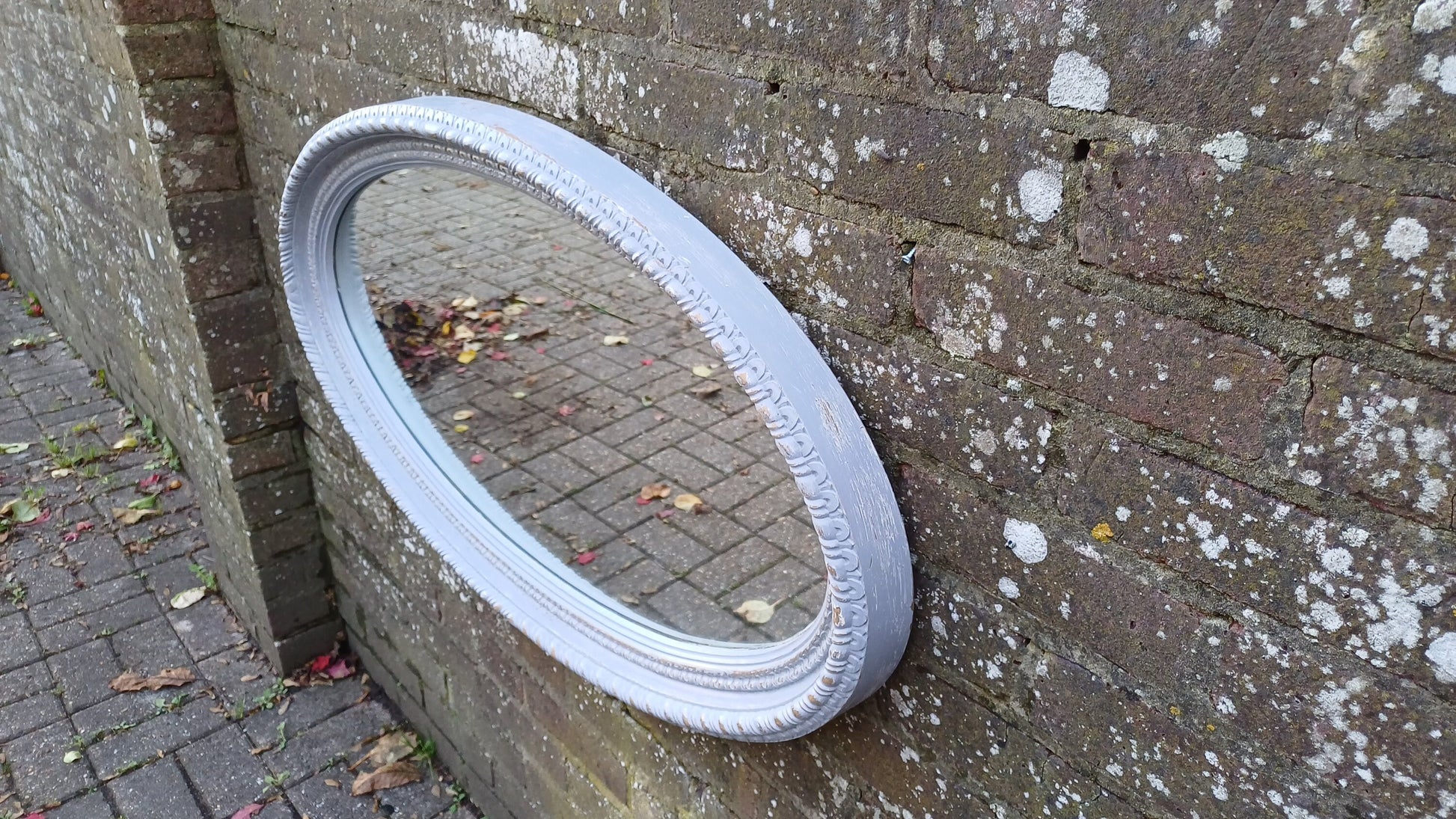 Huge Imposing Painted Oval Grey Decorative Mirror Gold Highlights 98 x 55 cm