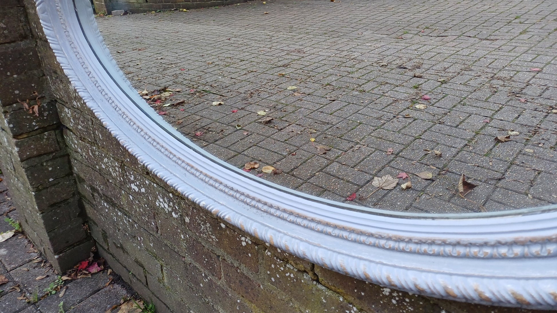 Huge Imposing Painted Oval Grey Decorative Mirror Gold Highlights 98 x 55 cm