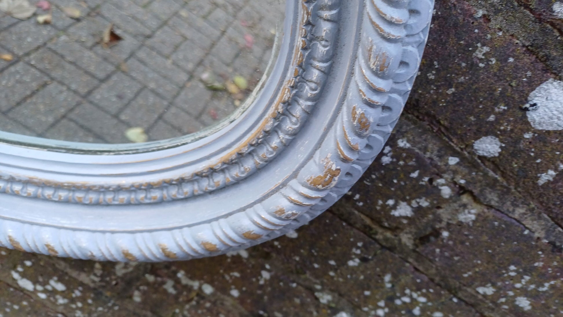Huge Imposing Painted Oval Grey Decorative Mirror Gold Highlights 98 x 55 cm