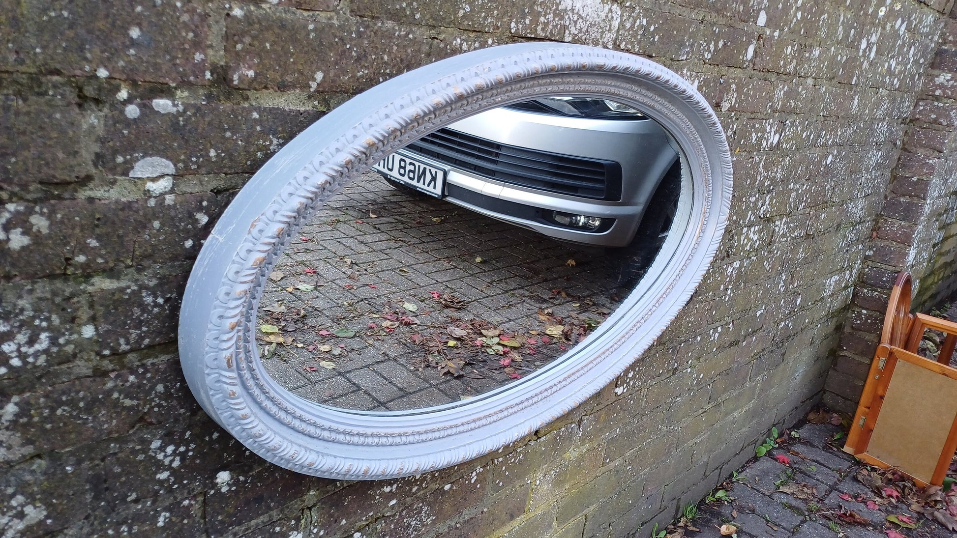 Huge Imposing Painted Oval Grey Decorative Mirror Gold Highlights 98 x 55 cm