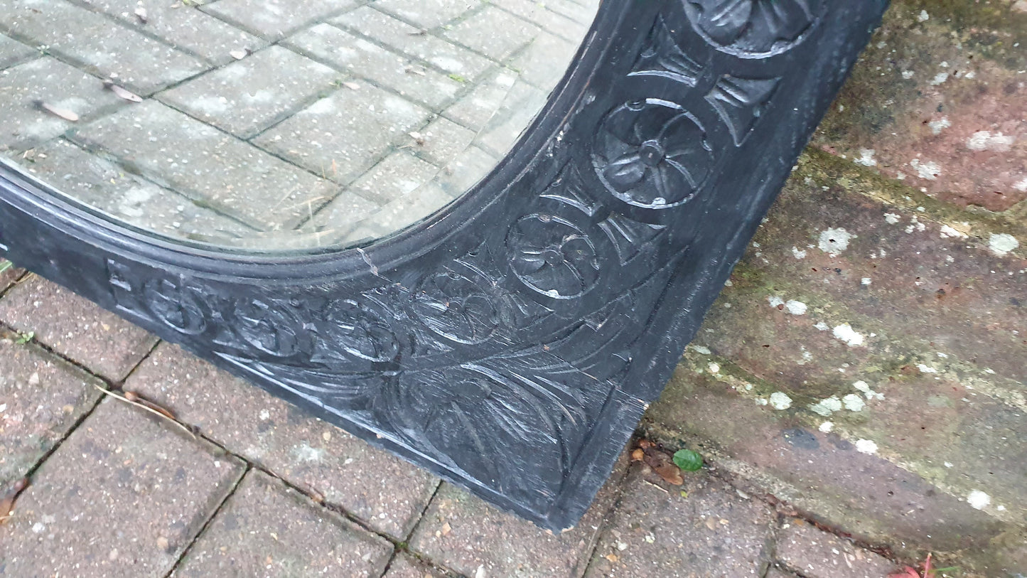 Large Vintage Very Early Oak Carved Mirror Painted Black