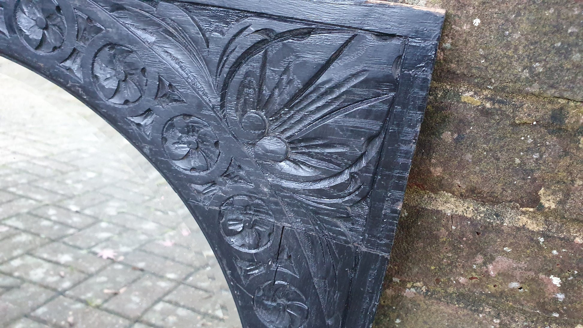 Large Vintage Very Early Oak Carved Mirror Painted Black