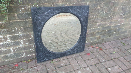 Large Vintage Very Early Oak Carved Mirror Painted Black