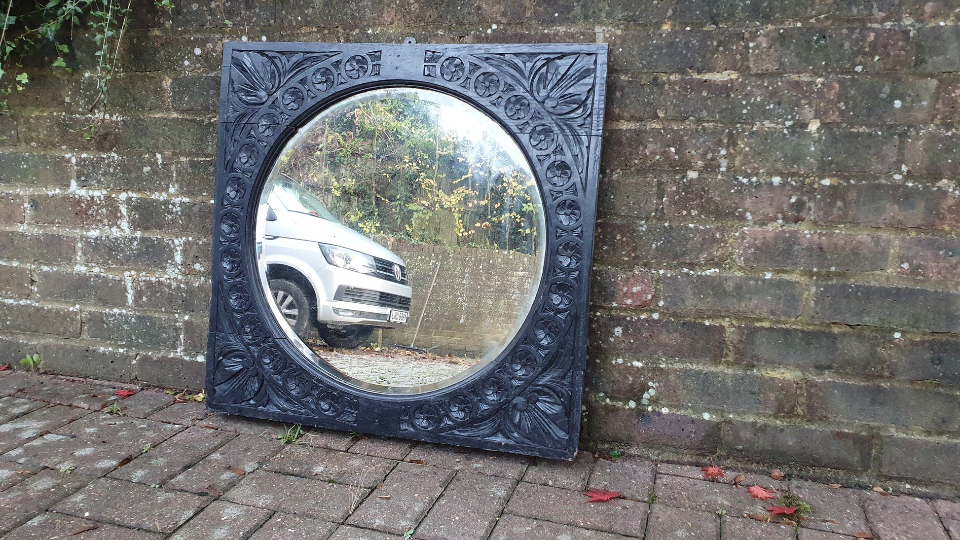 Large Vintage Very Early Oak Carved Mirror Painted Black