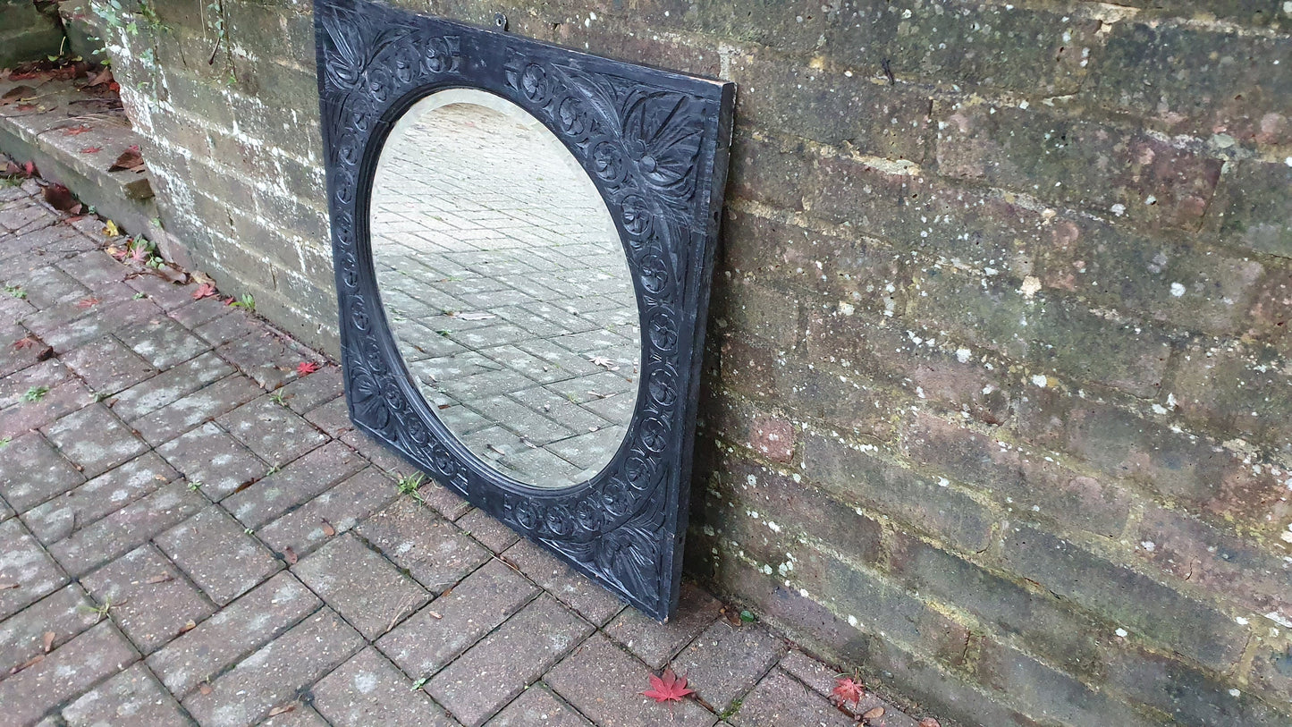 Large Vintage Very Early Oak Carved Mirror Painted Black
