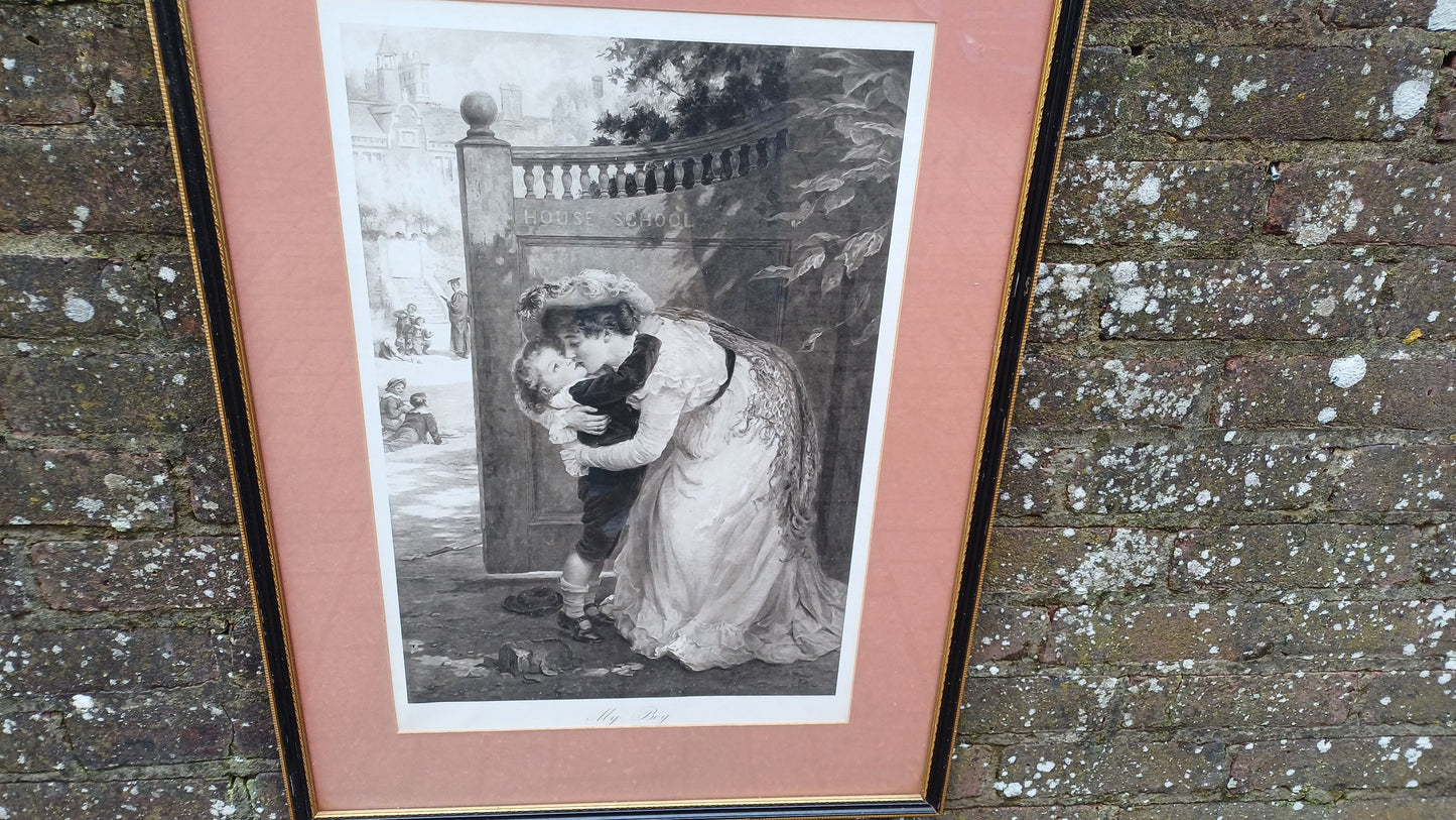 Very Large Charming Print ‘My Boy’ Mother and Boy Parting in Top Quality Frame and Mount