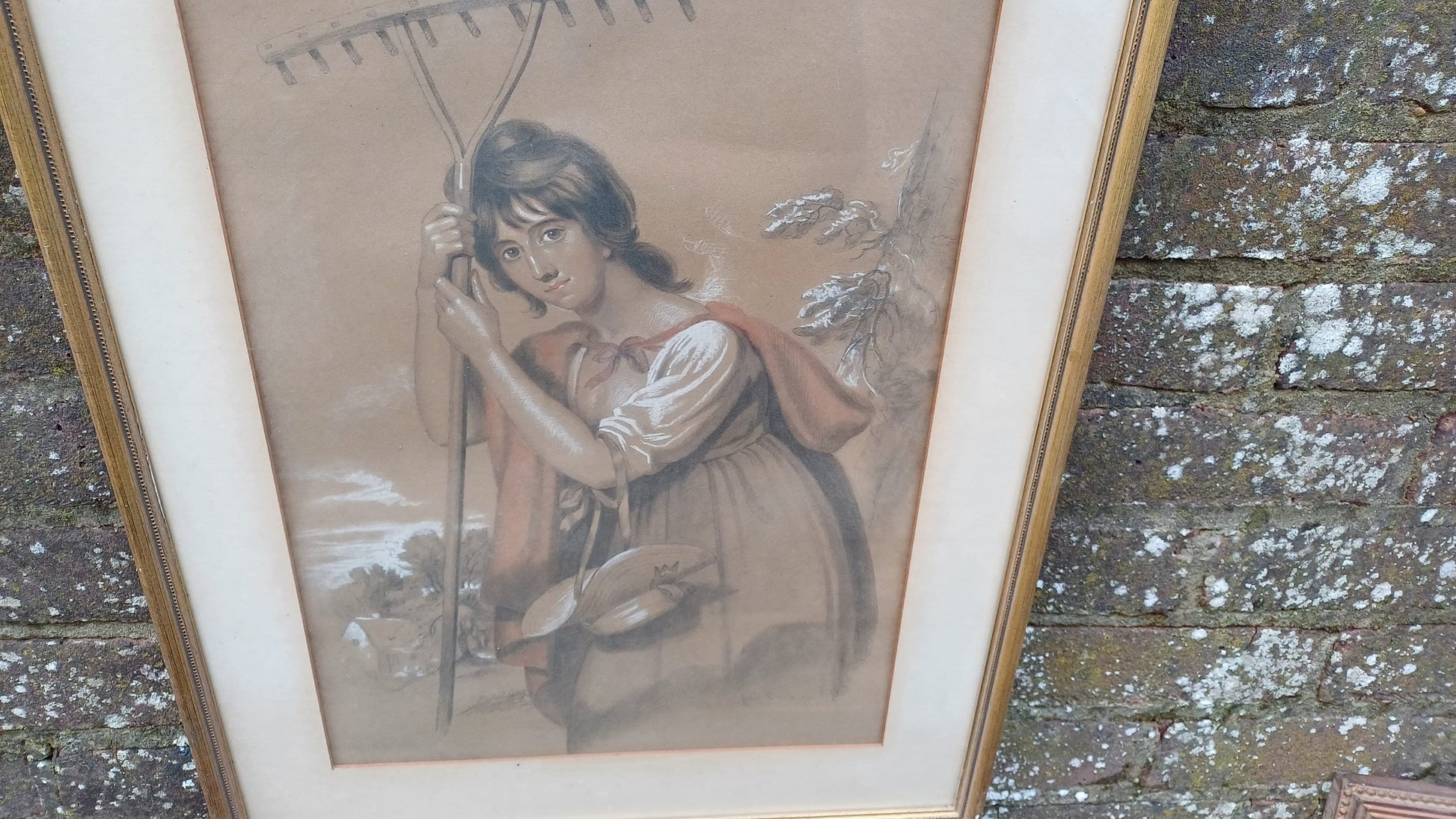 Large Vintage Hand Tinted Print Woman Gardening Jacob Thompson.