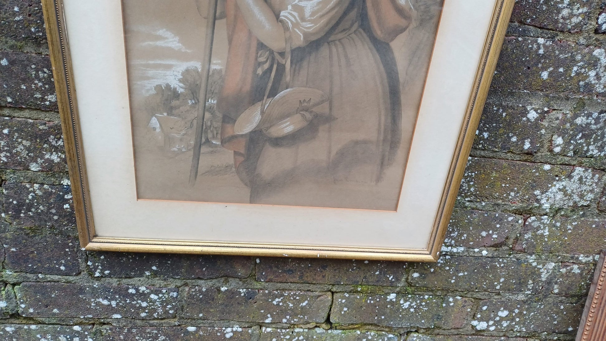 Large Vintage Hand Tinted Print Woman Gardening Jacob Thompson.