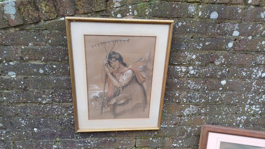 Large Vintage Hand Tinted Print Woman Gardening Jacob Thompson.