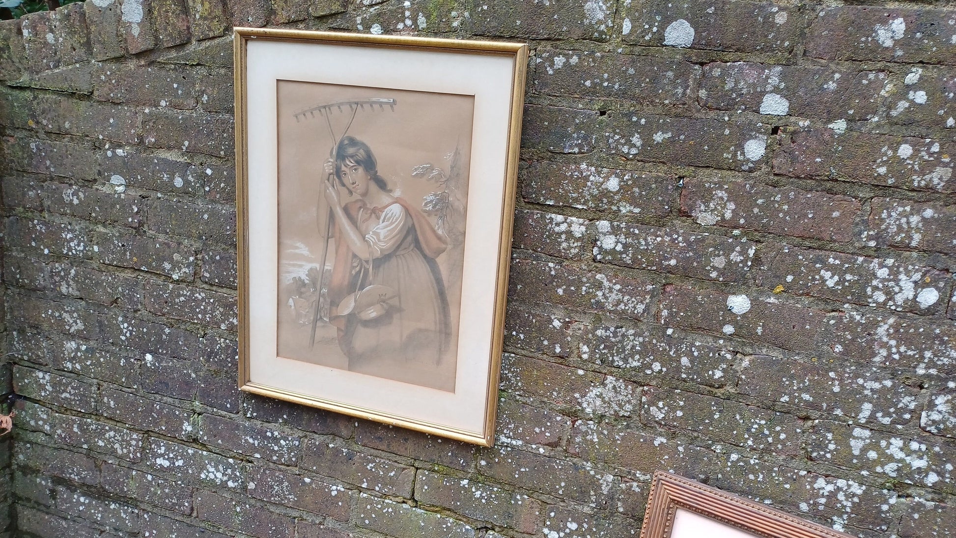 Large Vintage Hand Tinted Print Woman Gardening Jacob Thompson.