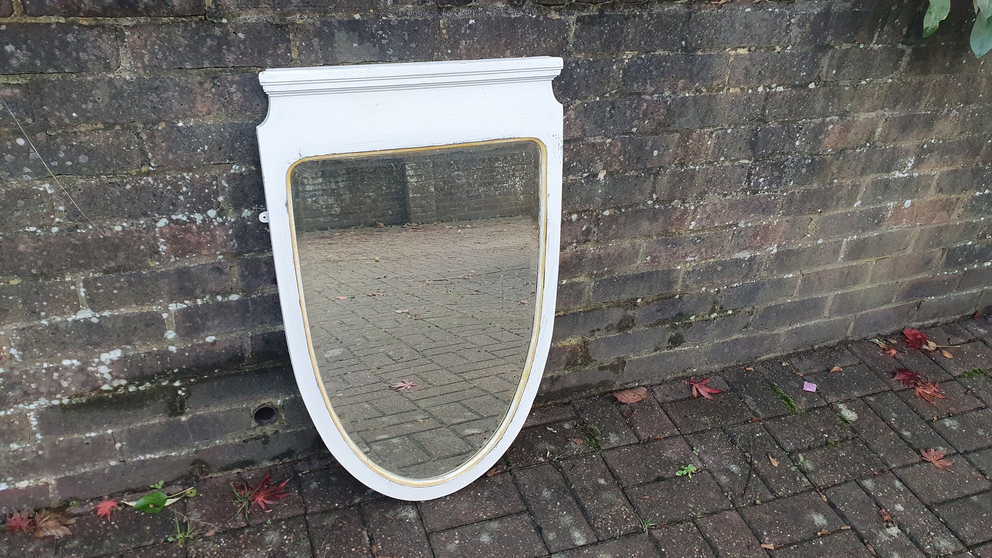 Vintage Painted Mahogany Shield Shape Mirror in Farrow and Ball Winborne White Gold Highlights.