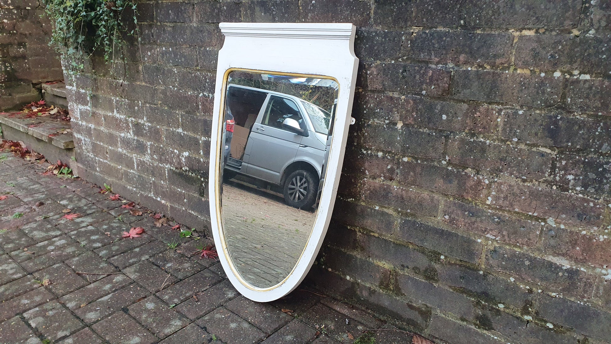 Vintage Painted Mahogany Shield Shape Mirror in Farrow and Ball Winborne White Gold Highlights.