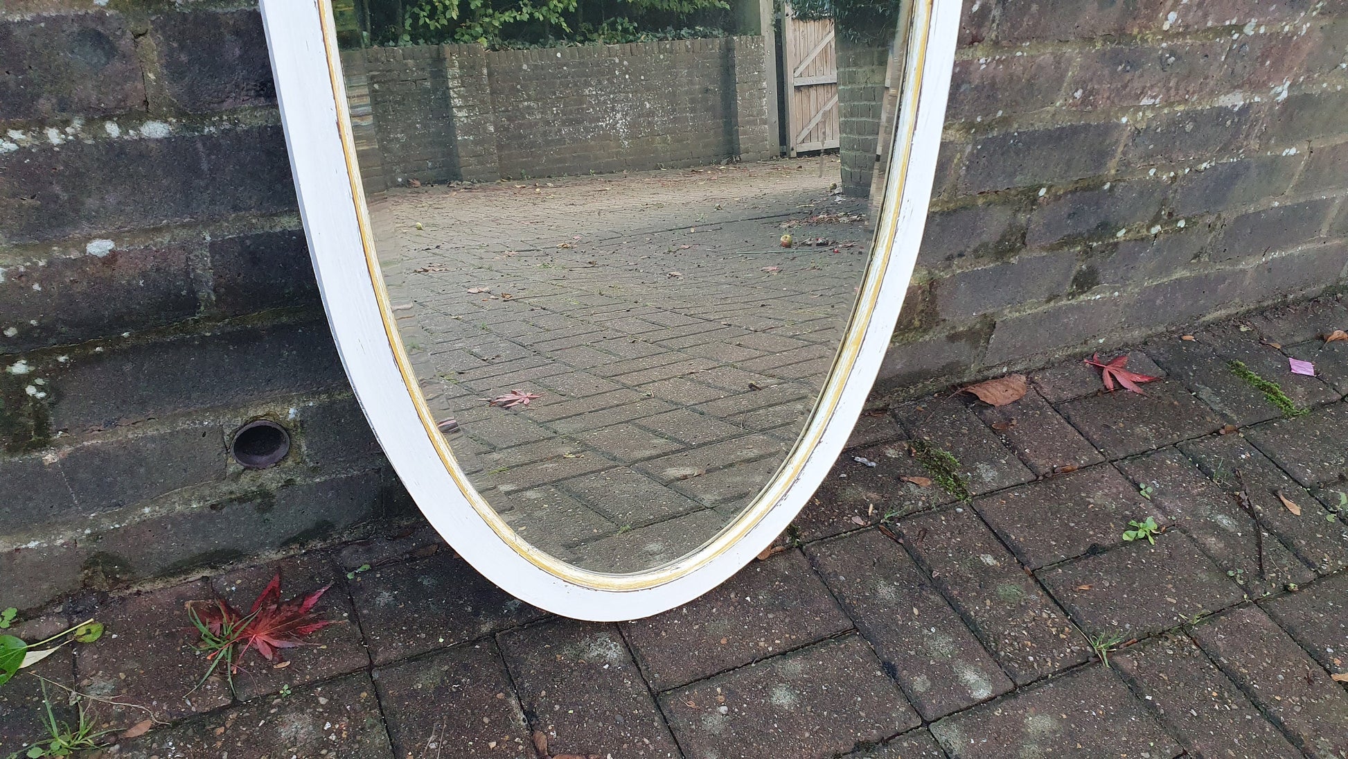 Vintage Painted Mahogany Shield Shape Mirror in Farrow and Ball Winborne White Gold Highlights.