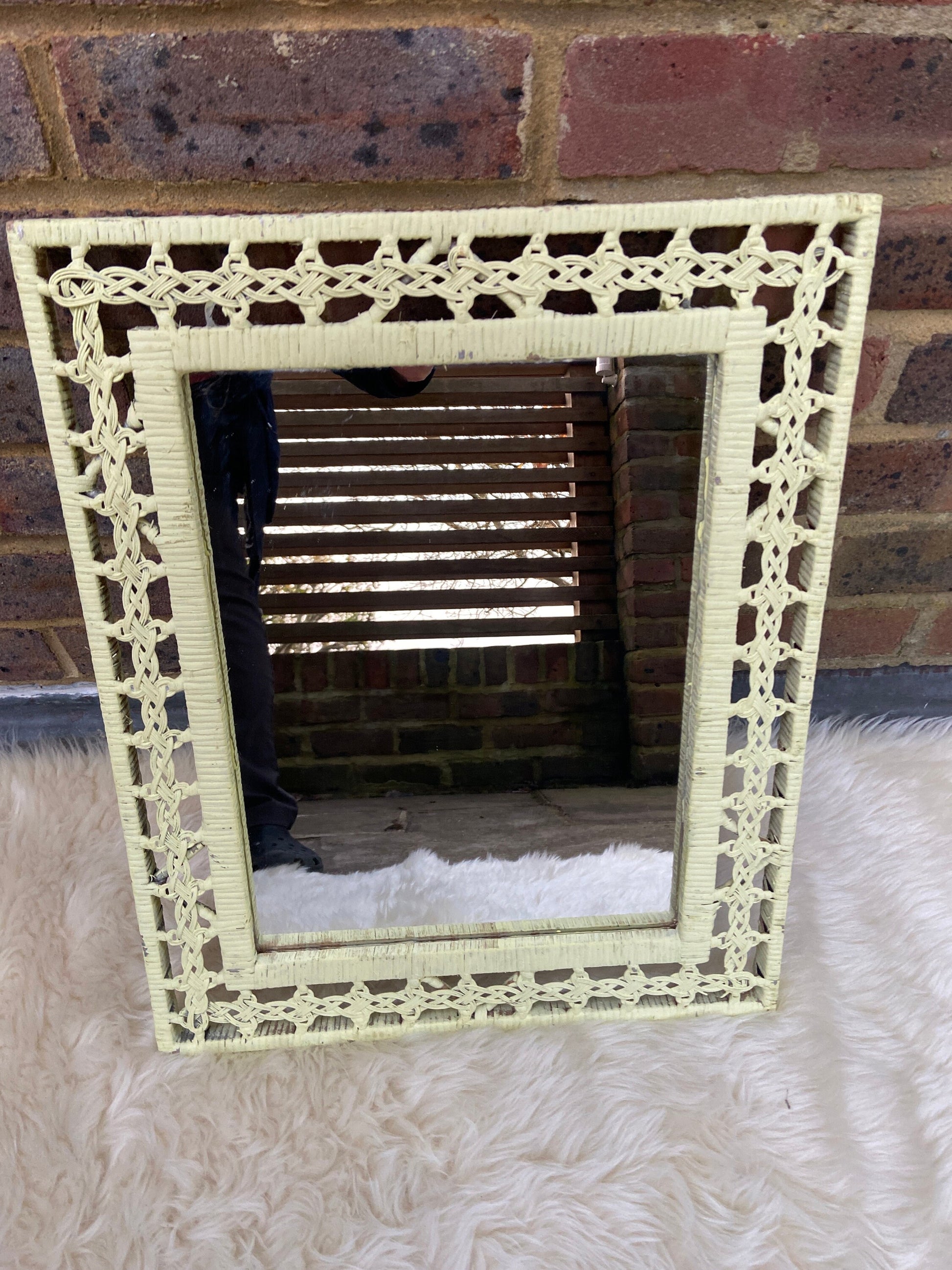 Authentic Painted Vintage Rattan Mirror - light yellow (43cm x 53cm)