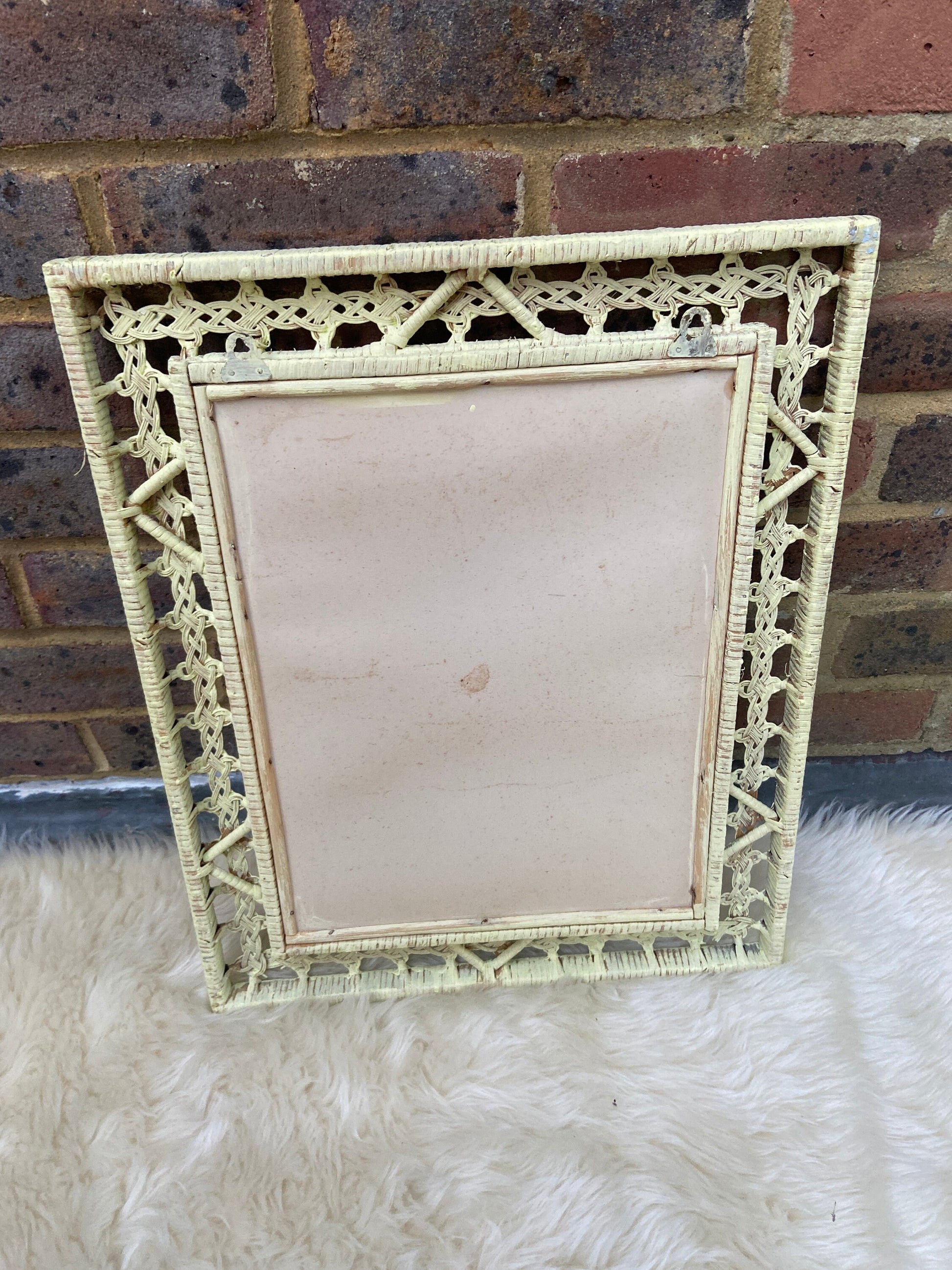 Authentic Painted Vintage Rattan Mirror - light yellow (43cm x 53cm)