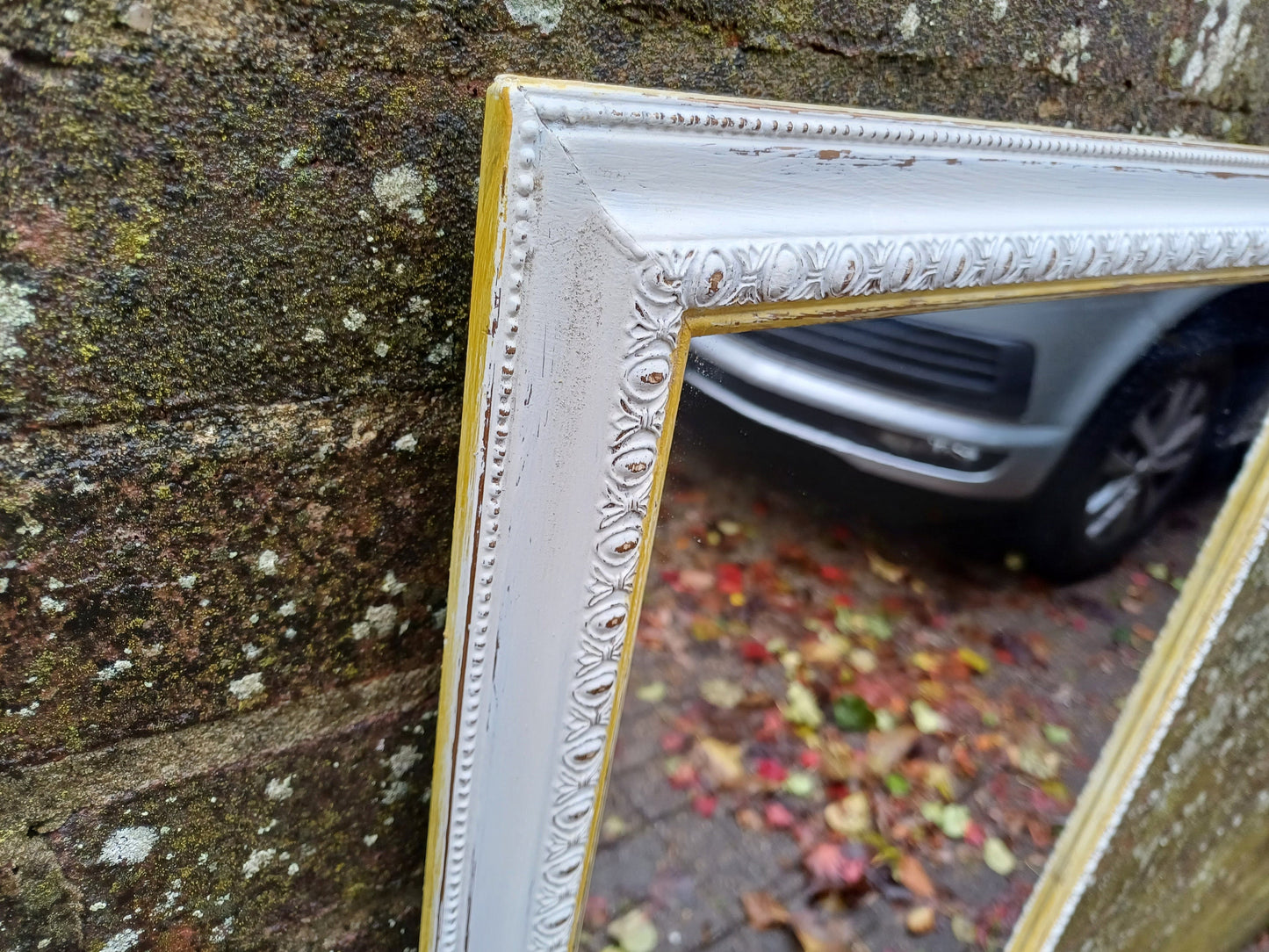 Vintage Painted Bespoke Wall Mirror in Farrow and Ball White Tie Gold Highlights