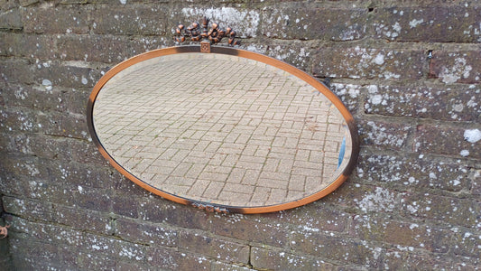 Vintage Metal Copper Oval Mirror Ribbon Decoration Early 20th Century.