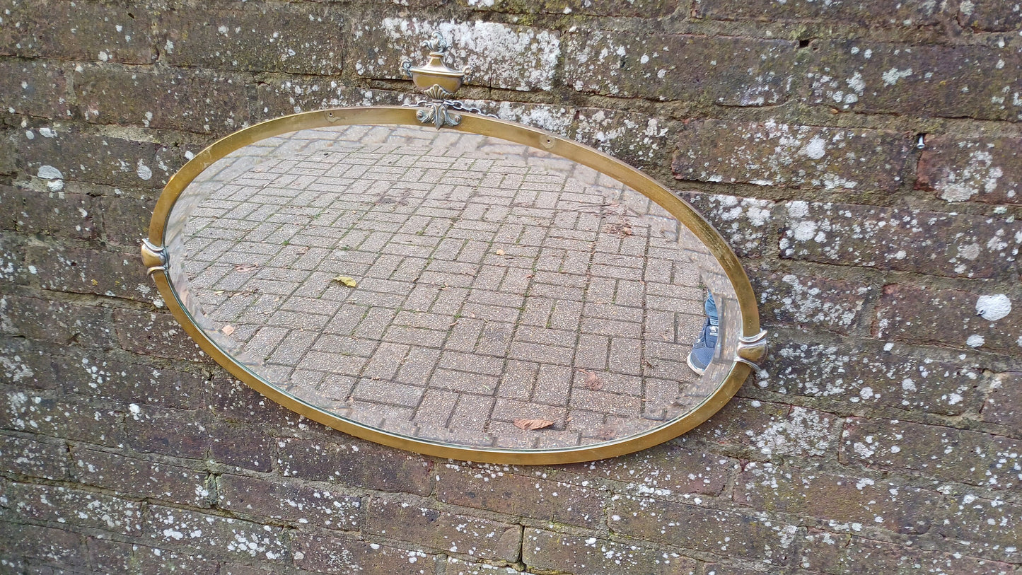 Vintage Oval Brass Mirror Urn Motif Early 20th Century Bevelled.