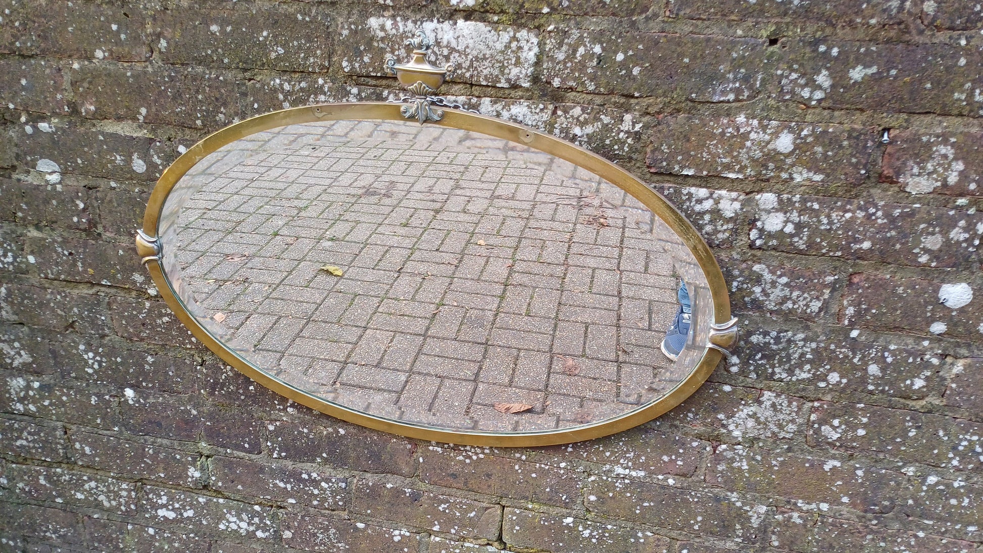 Vintage Oval Brass Mirror Urn Motif Early 20th Century Bevelled.