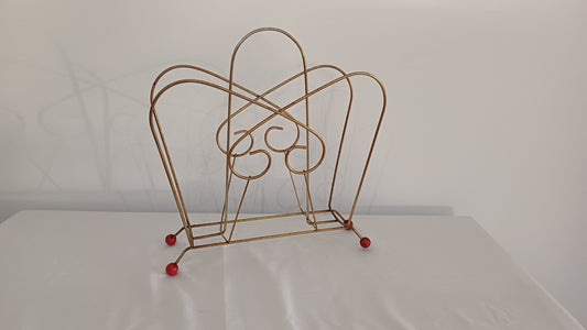 Cute Retro 1950s Gold Metal Magazine Rack With Atomic Feet.