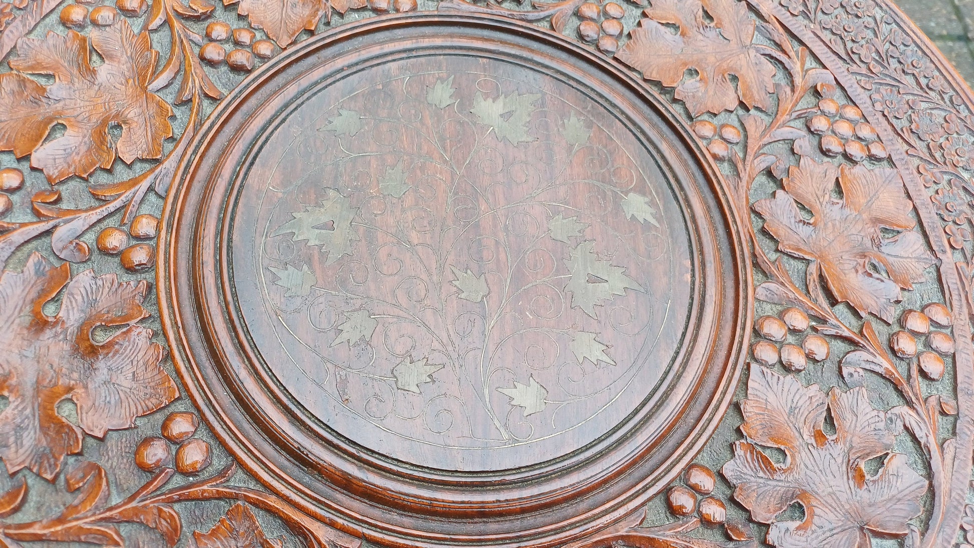 Superb Mid-Eastern Carved Coffee Occasional Table Brass Inlay Grape Decoration.