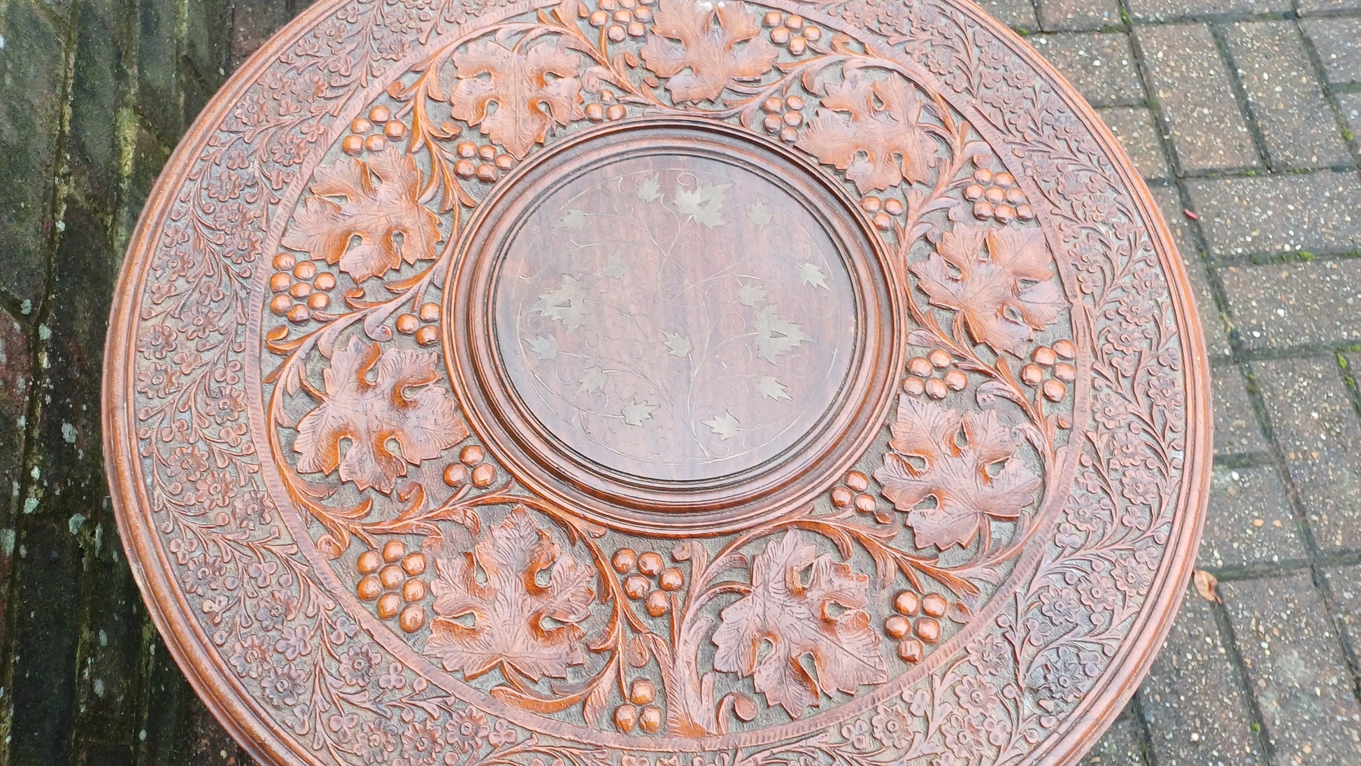 Superb Mid-Eastern Carved Coffee Occasional Table Brass Inlay Grape Decoration.