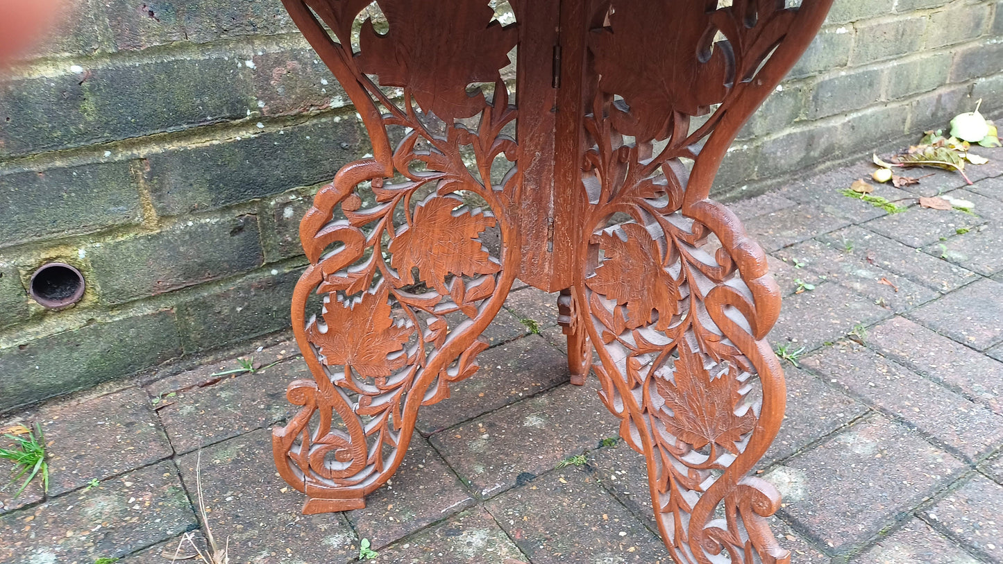 Superb Mid-Eastern Carved Coffee Occasional Table Brass Inlay Grape Decoration.
