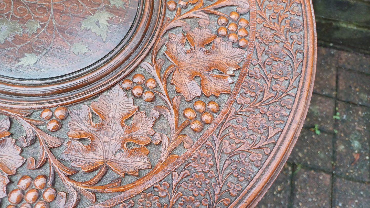 Superb Mid-Eastern Carved Coffee Occasional Table Brass Inlay Grape Decoration.