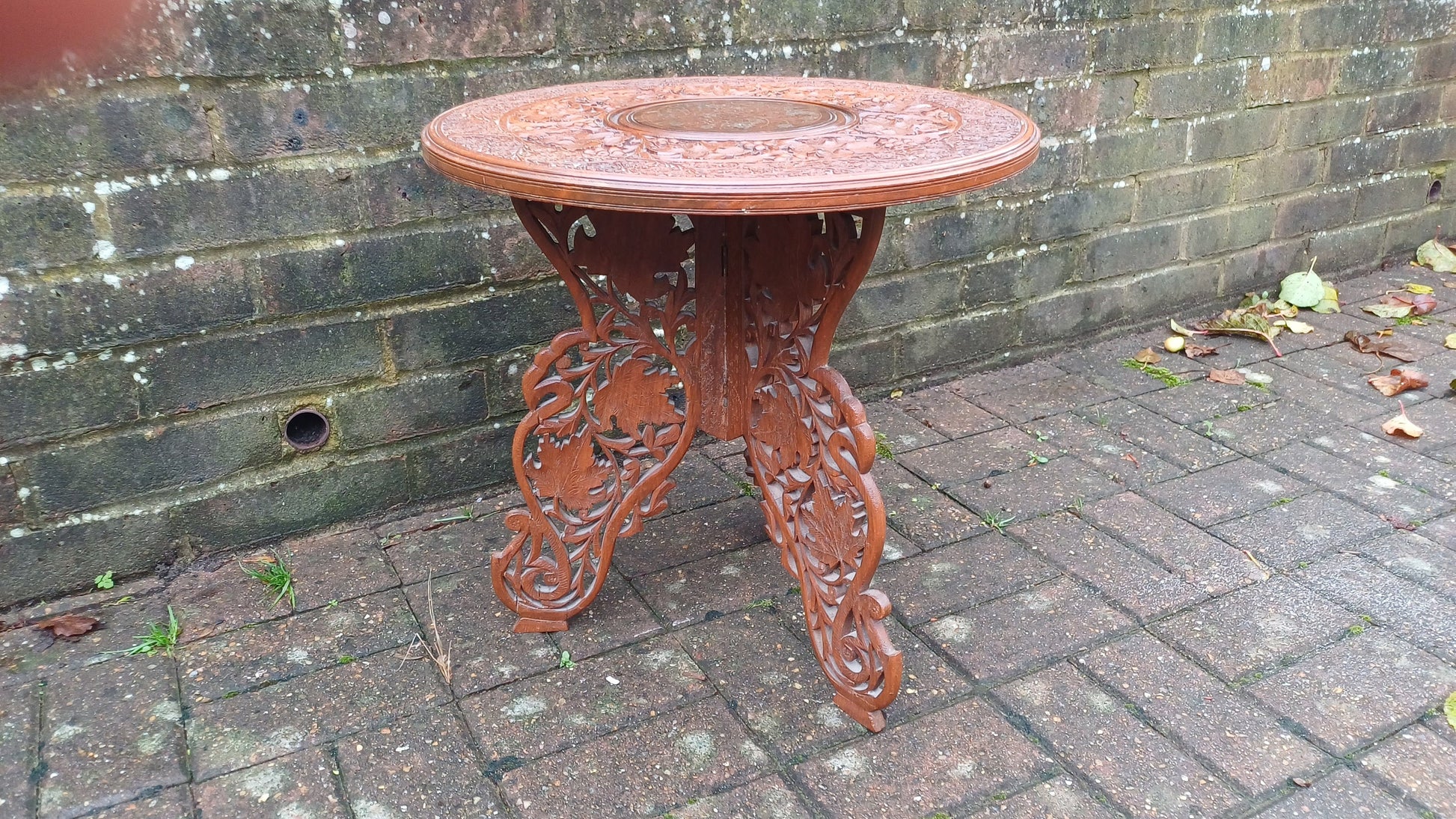 Superb Mid-Eastern Carved Coffee Occasional Table Brass Inlay Grape Decoration.