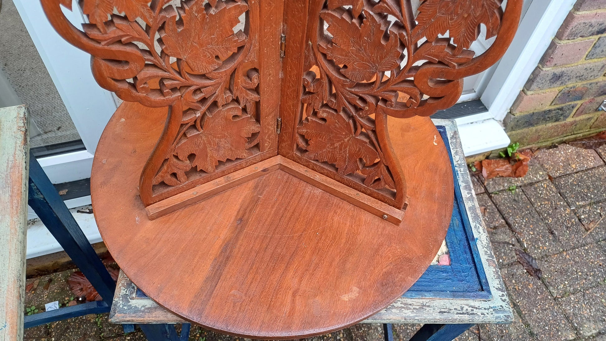 Superb Mid-Eastern Carved Coffee Occasional Table Brass Inlay Grape Decoration.