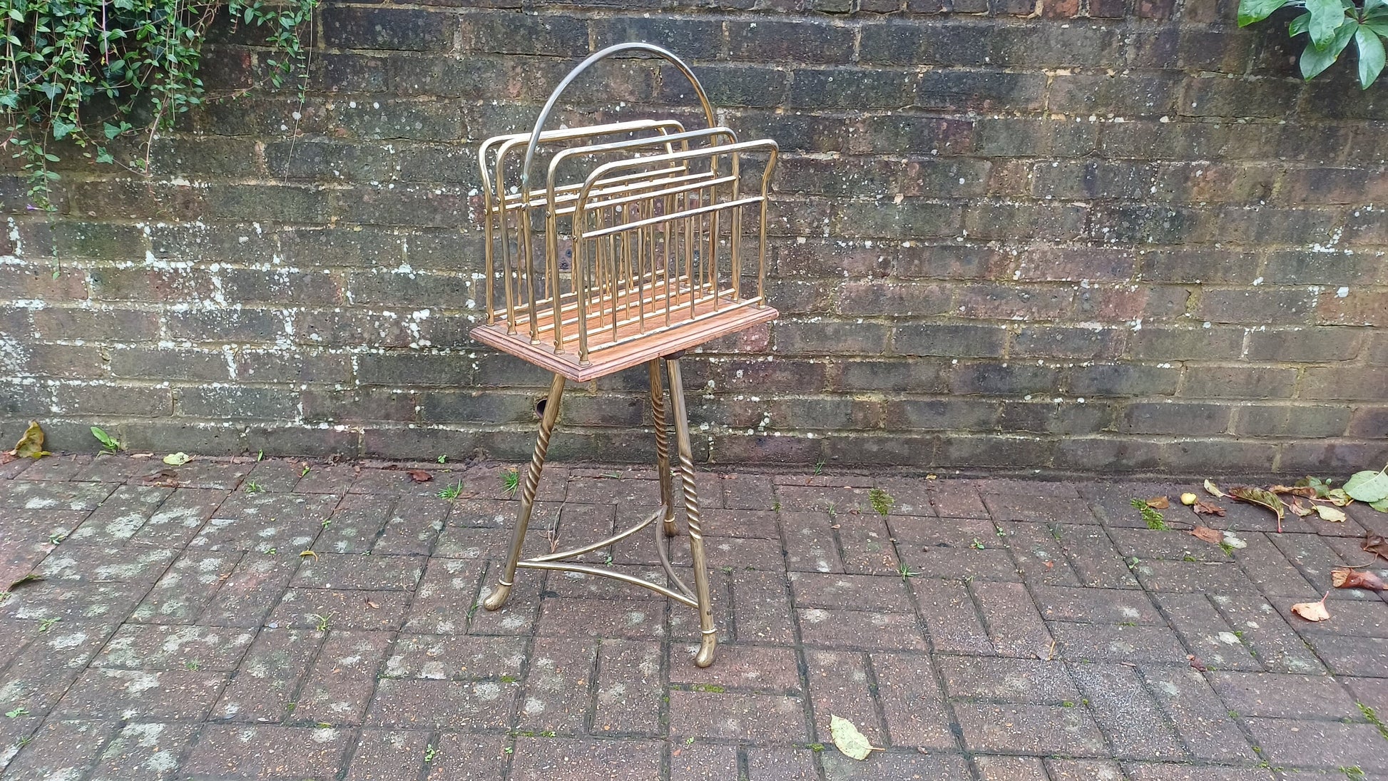 Superb Vintage Victorian Rotating Revolving Brass and Oak Magazine Rack