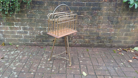 Superb Vintage Victorian Rotating Revolving Brass and Oak Magazine Rack