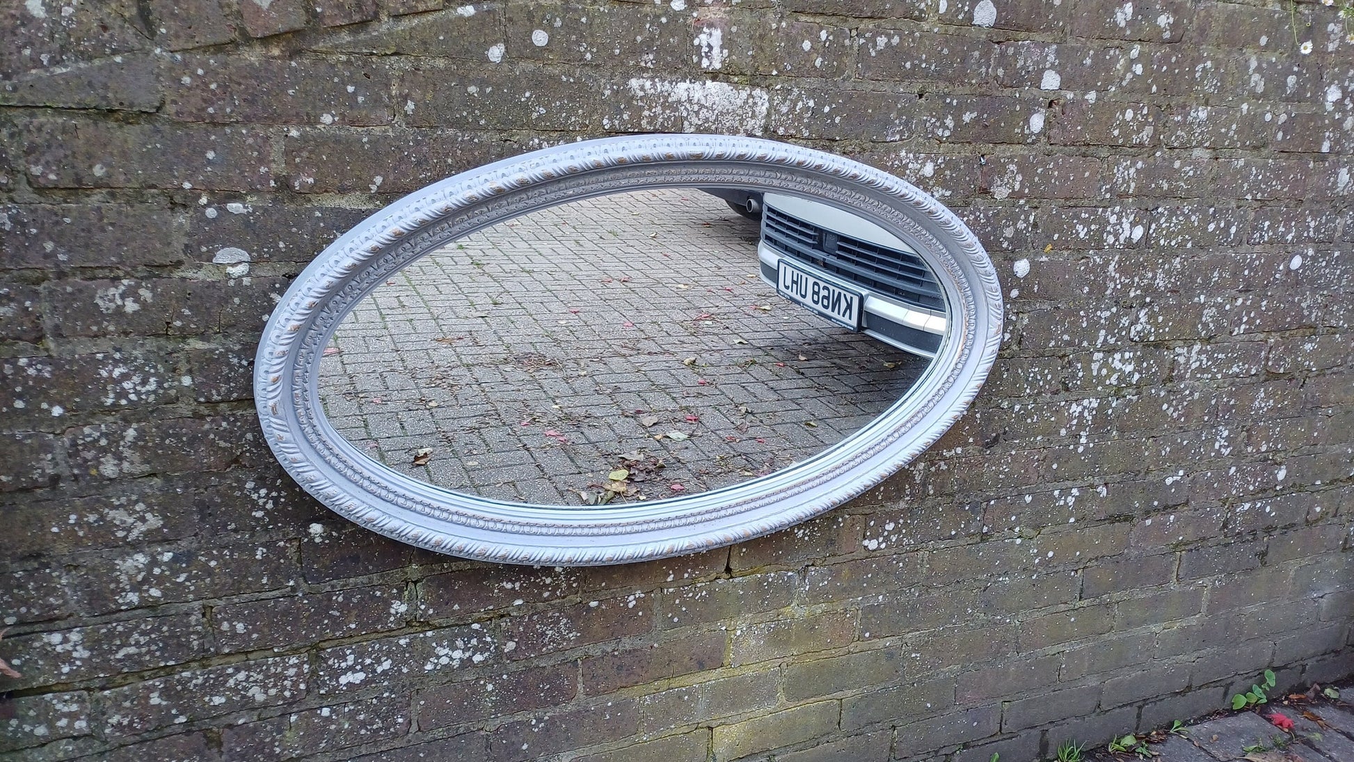 Huge Imposing Painted Oval Grey Decorative Mirror Gold Highlights 98 x 55 cm