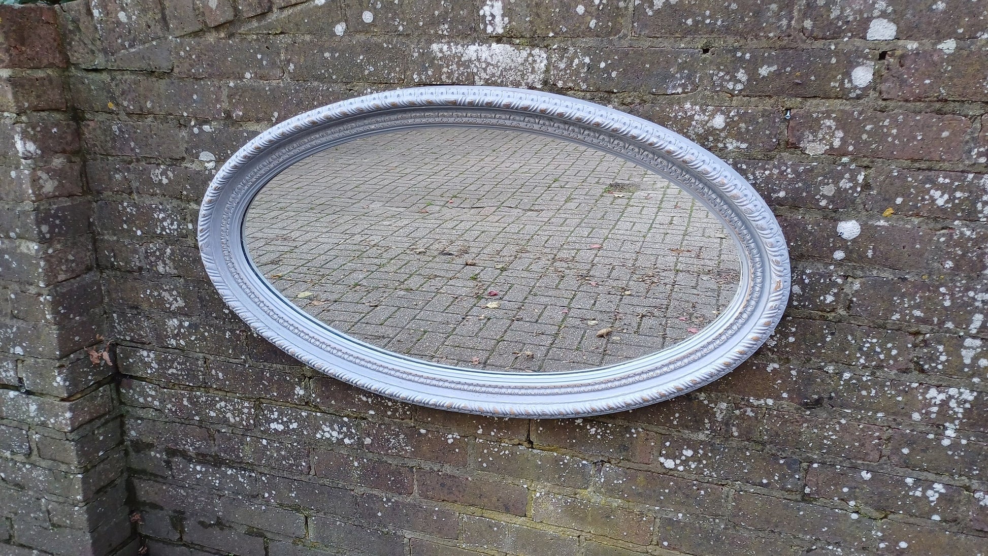 Huge Imposing Painted Oval Grey Decorative Mirror Gold Highlights 98 x 55 cm