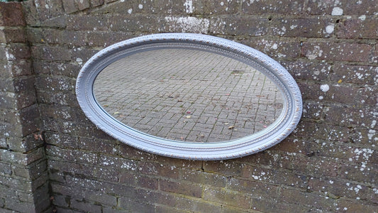 Huge Imposing Painted Oval Grey Decorative Mirror Gold Highlights 98 x 55 cm